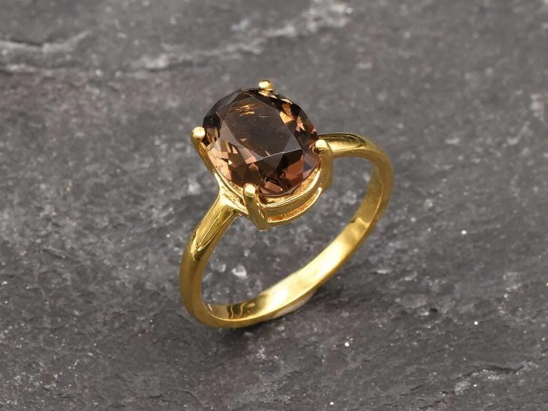 Gold Quartz Ring - Smoky Topaz Ring - Brown Diamond Ring