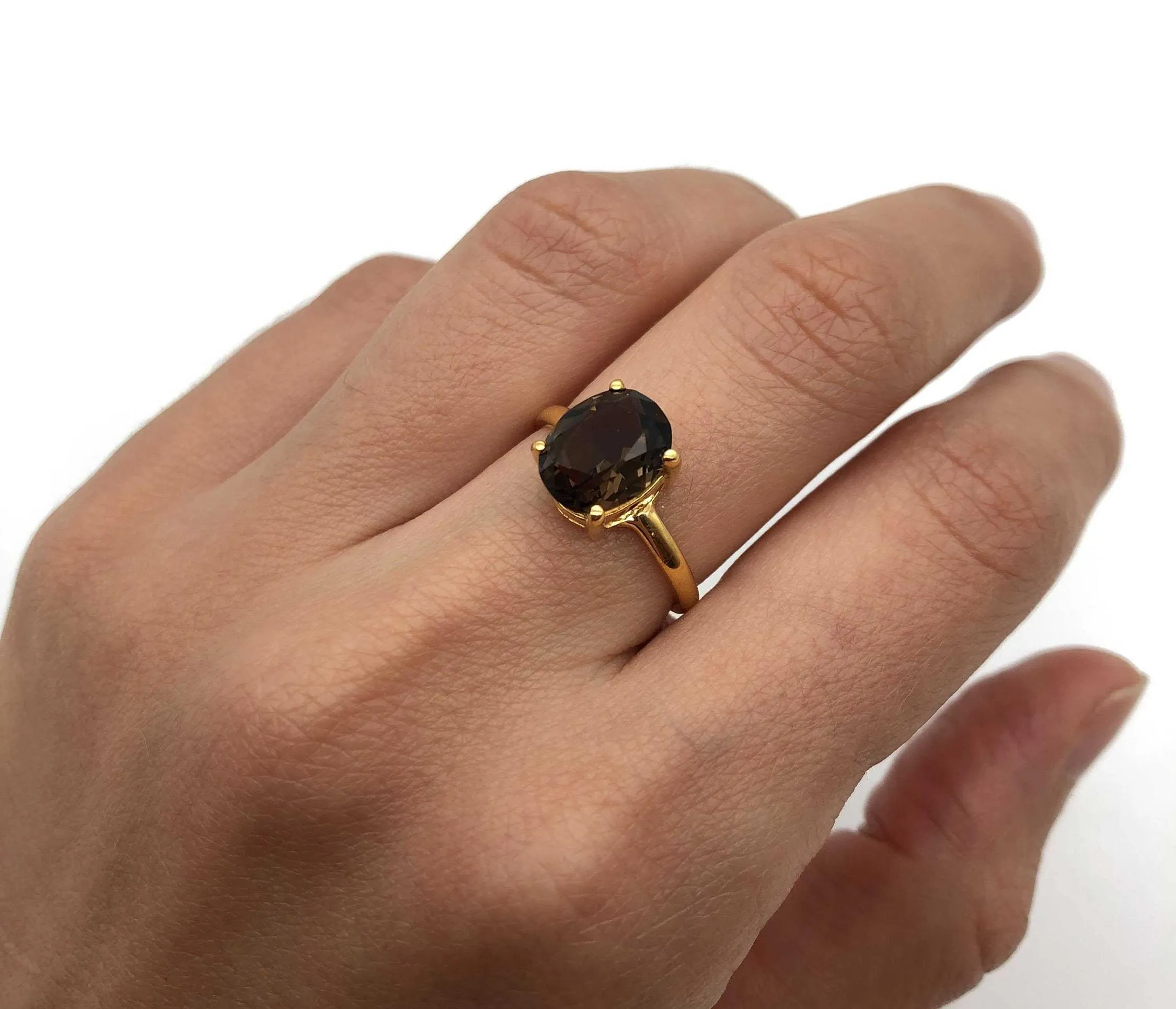 Gold Quartz Ring - Smoky Topaz Ring - Brown Diamond Ring