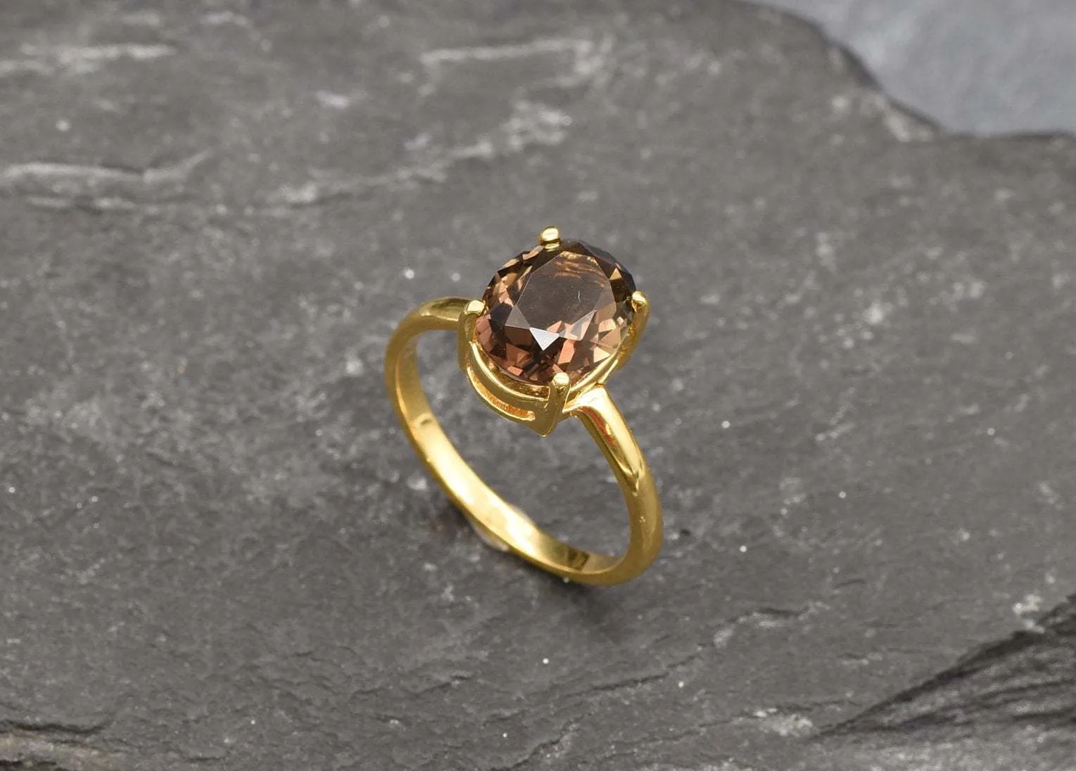 Gold Quartz Ring - Smoky Topaz Ring - Brown Diamond Ring