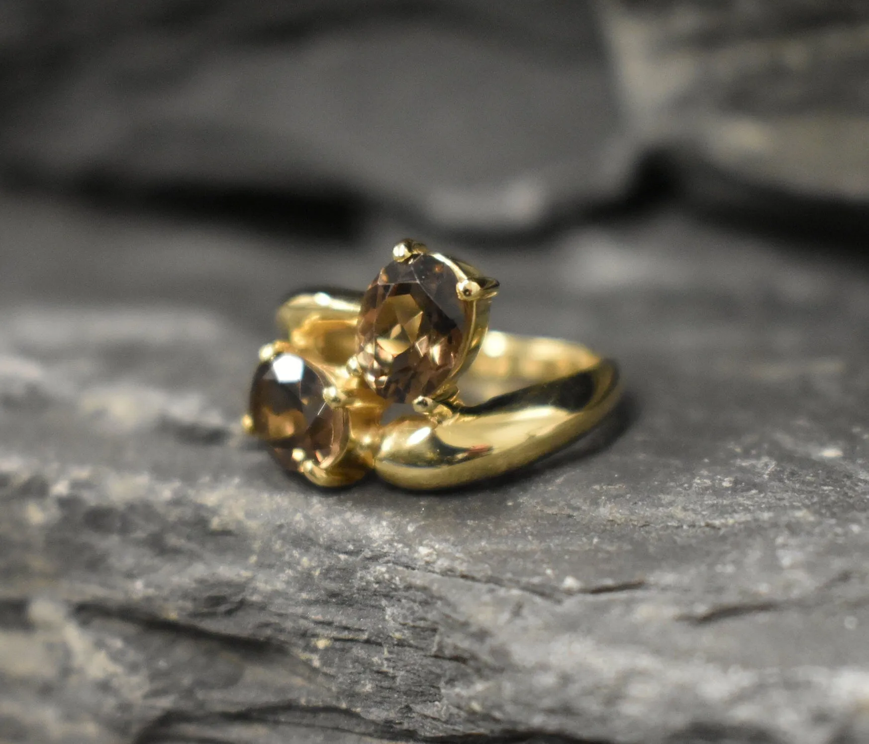 Gold Topaz Ring - Smoky Topaz Ring - Vintage Bypass Ring