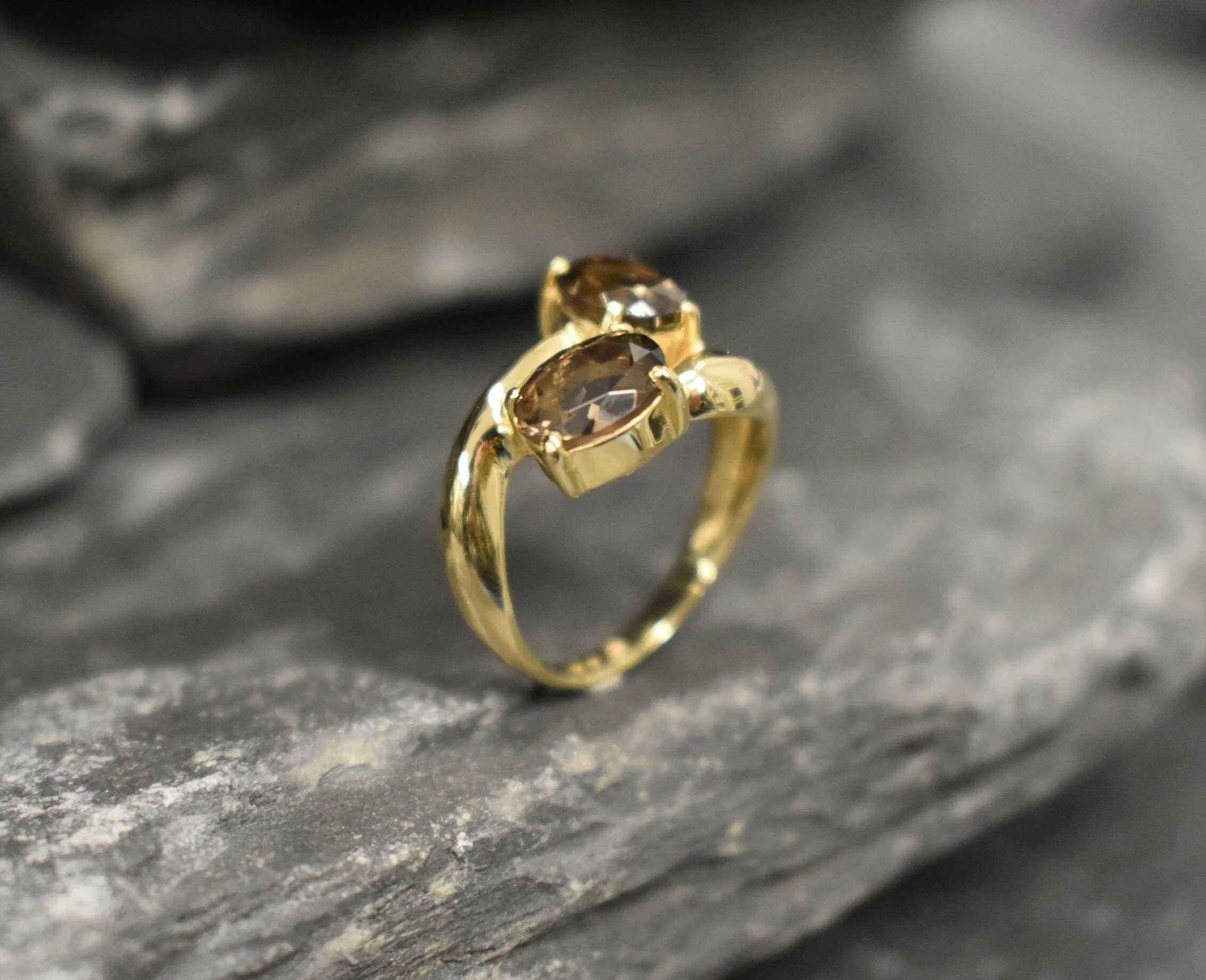 Gold Topaz Ring - Smoky Topaz Ring - Vintage Bypass Ring