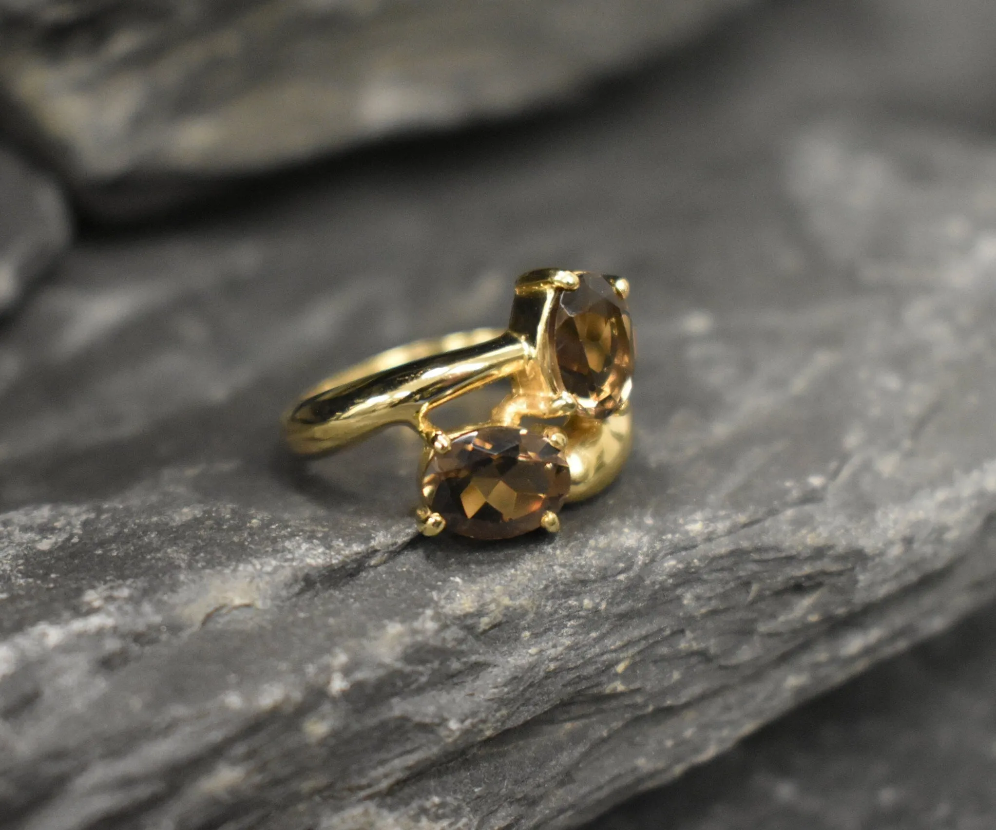 Gold Topaz Ring - Smoky Topaz Ring - Vintage Bypass Ring