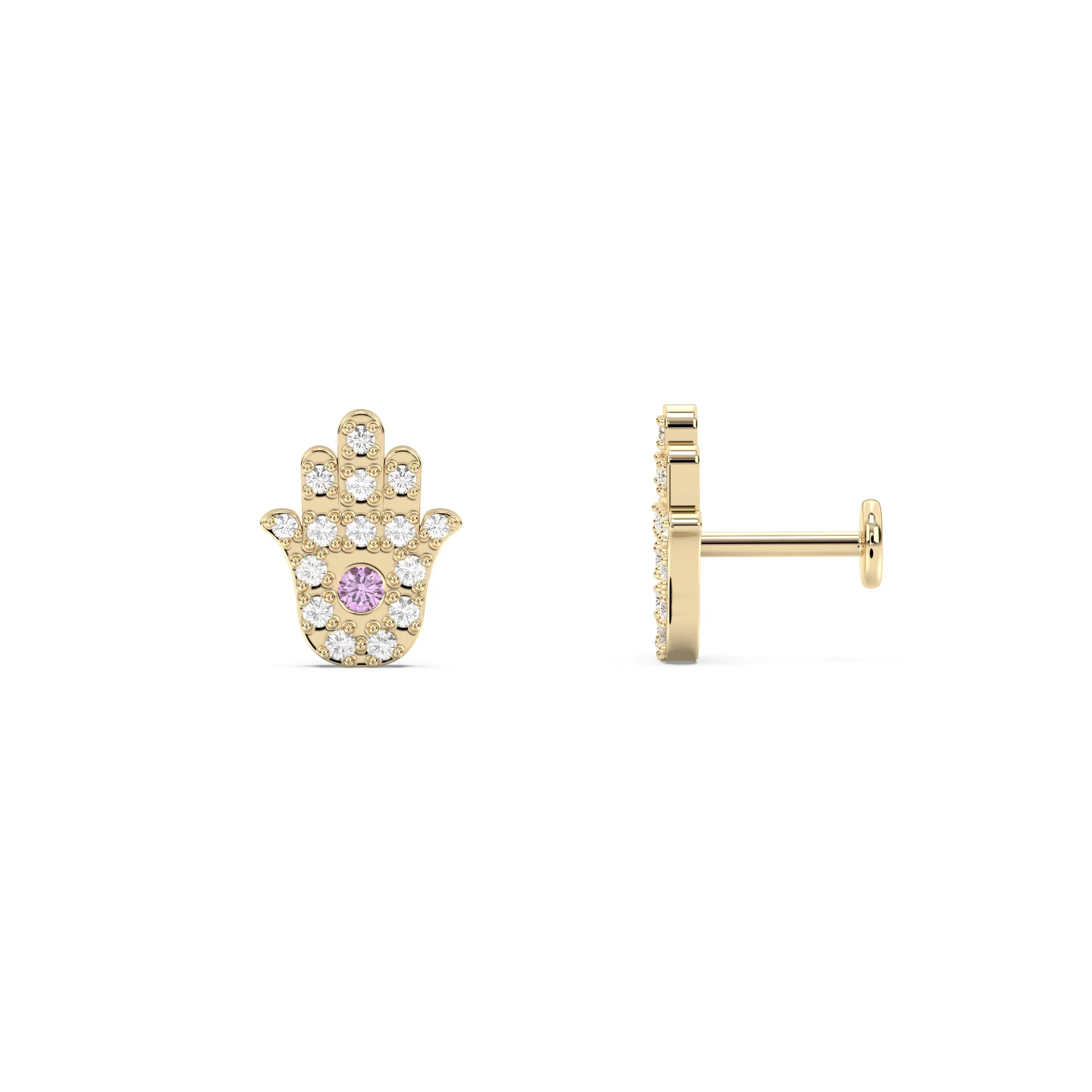 Hamsa Earring in Diamond and Amethyst