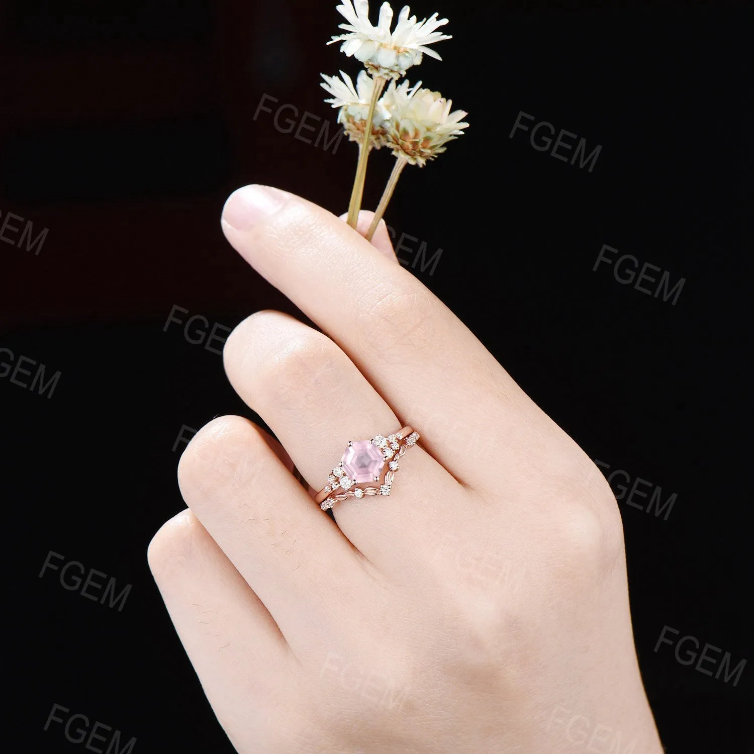 Hexagon Natural Rose Quartz Engagement Ring Set Vintage Moissanite Snowdrift Cluster Bridal Set Pink Gemstone Ring Leaves Ring Proposal Gift