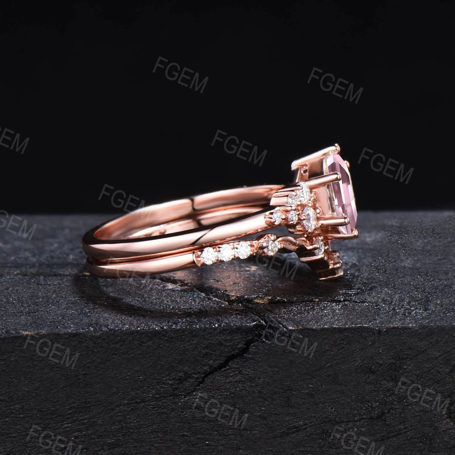 Hexagon Natural Rose Quartz Engagement Ring Set Vintage Moissanite Snowdrift Cluster Bridal Set Pink Gemstone Ring Leaves Ring Proposal Gift
