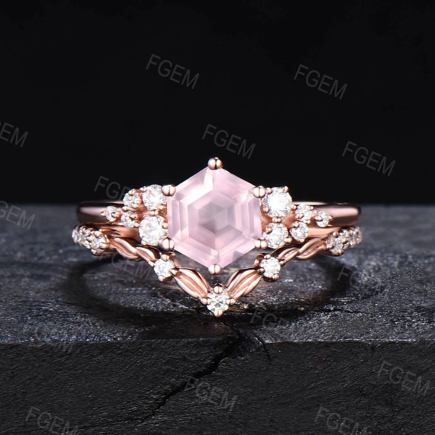 Hexagon Natural Rose Quartz Engagement Ring Set Vintage Moissanite Snowdrift Cluster Bridal Set Pink Gemstone Ring Leaves Ring Proposal Gift