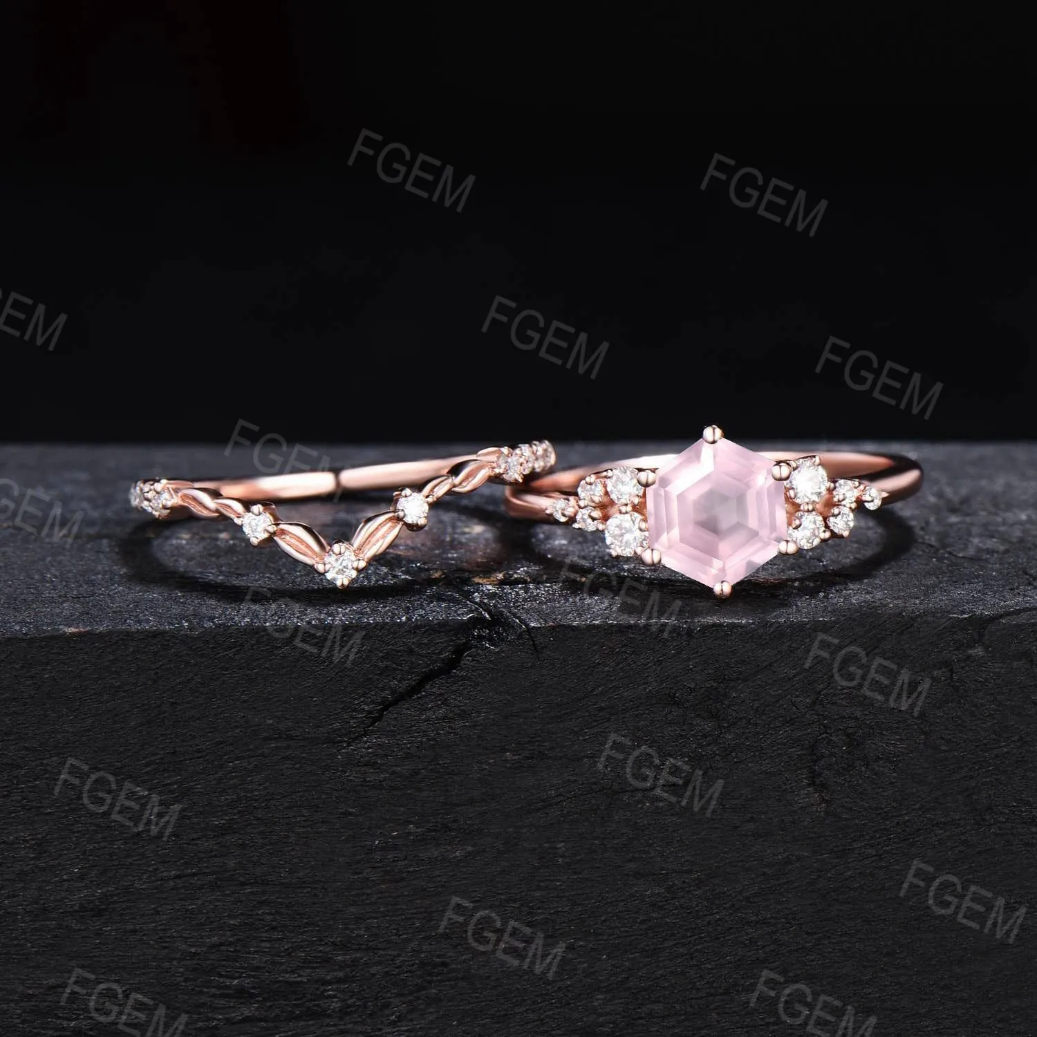 Hexagon Natural Rose Quartz Engagement Ring Set Vintage Moissanite Snowdrift Cluster Bridal Set Pink Gemstone Ring Leaves Ring Proposal Gift