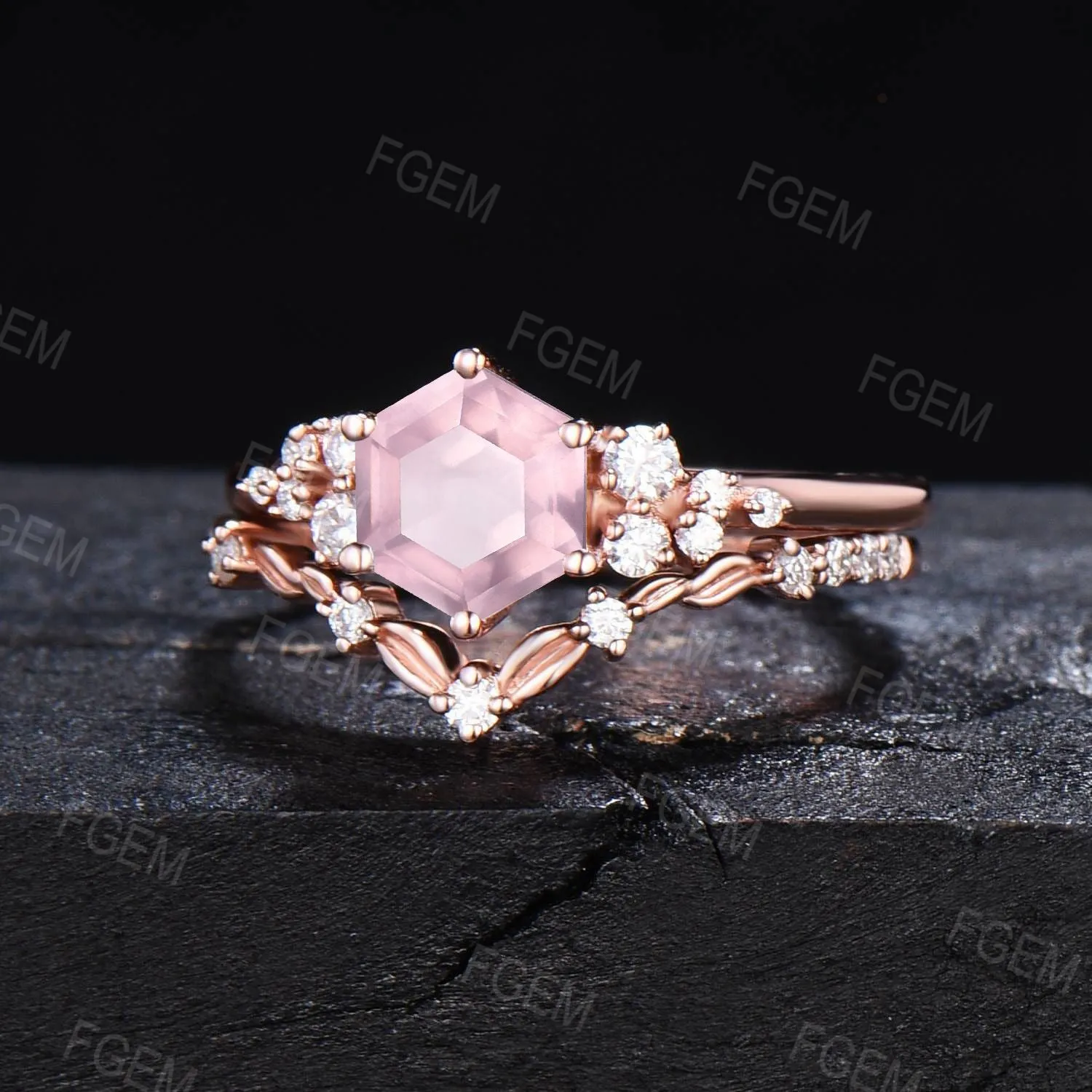 Hexagon Natural Rose Quartz Engagement Ring Set Vintage Moissanite Snowdrift Cluster Bridal Set Pink Gemstone Ring Leaves Ring Proposal Gift