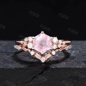 Hexagon Natural Rose Quartz Engagement Ring Set Vintage Moissanite Snowdrift Cluster Bridal Set Pink Gemstone Ring Leaves Ring Proposal Gift