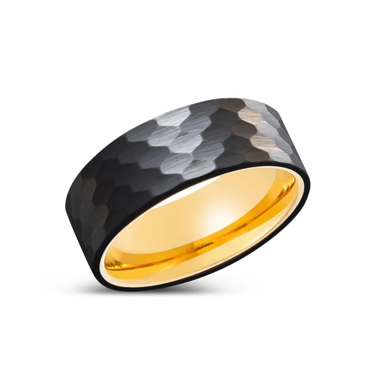 KNOX | Gold Ring, Black Tungsten Ring, Hammered, Flat
