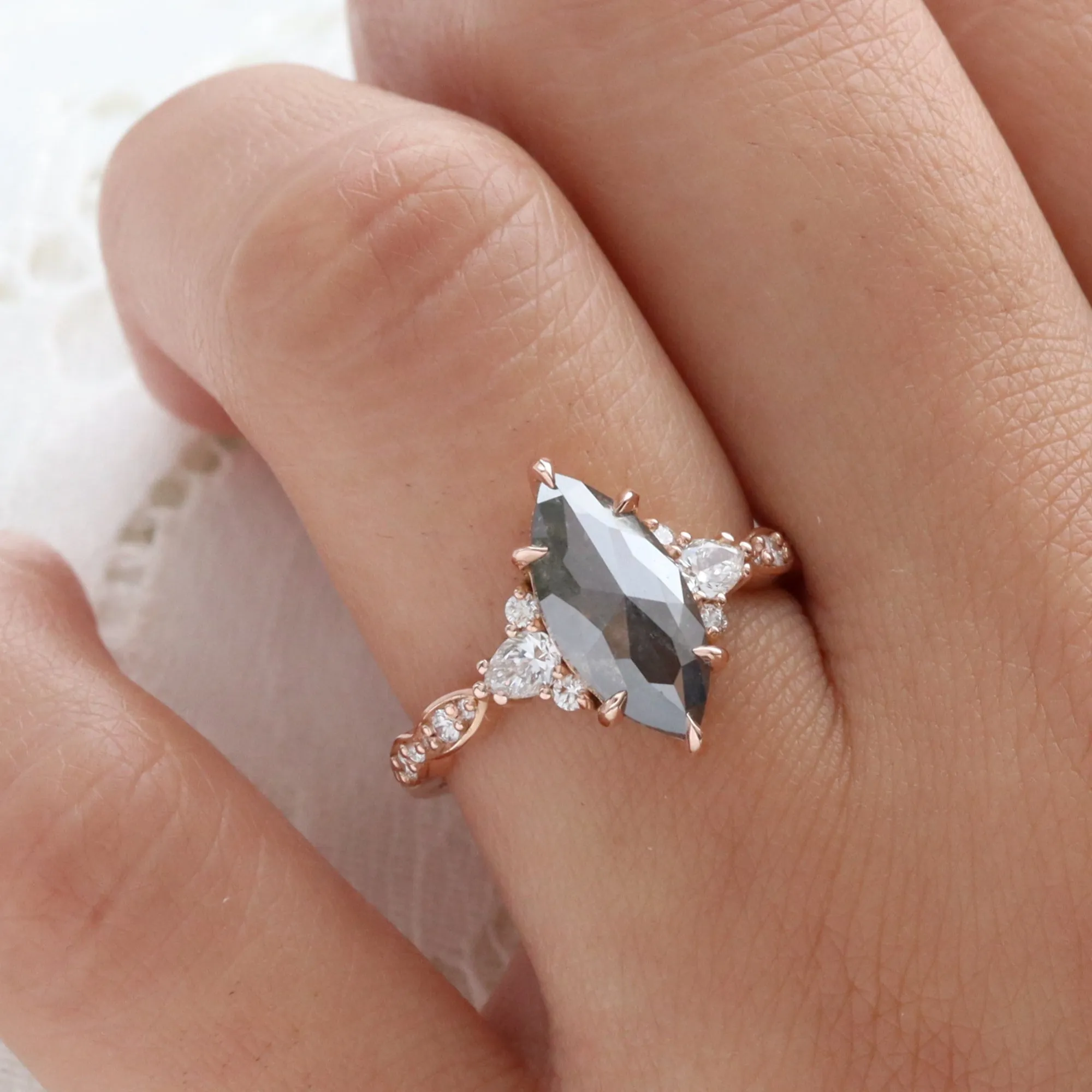 Large Marquise Salt and Pepper Diamond Ring in 14k Rose Gold 3 Stone Ring Size 7