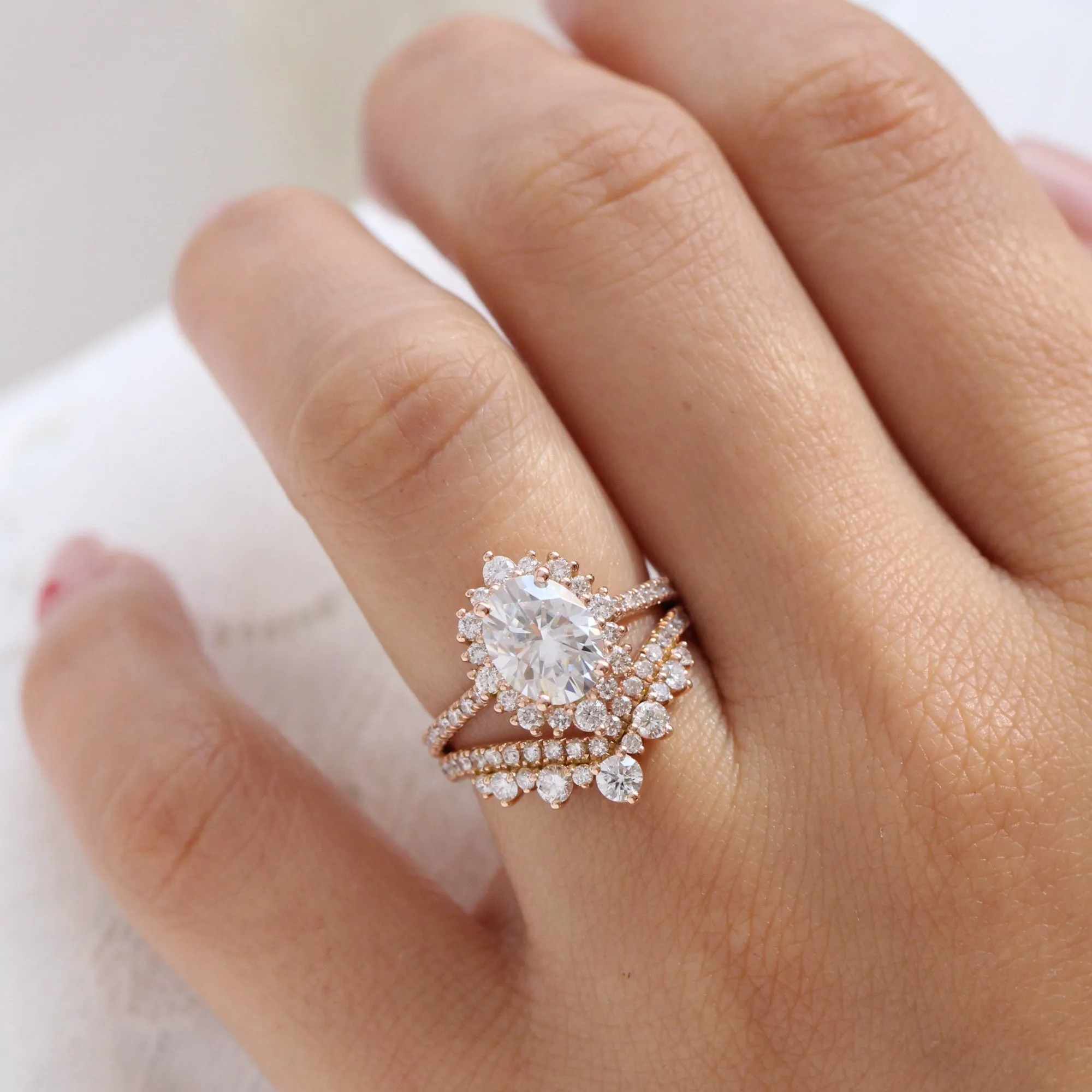Large Tiara Halo Pave Ring Set w/ Oval Moissanite and Large Tiara Diamond V Band
