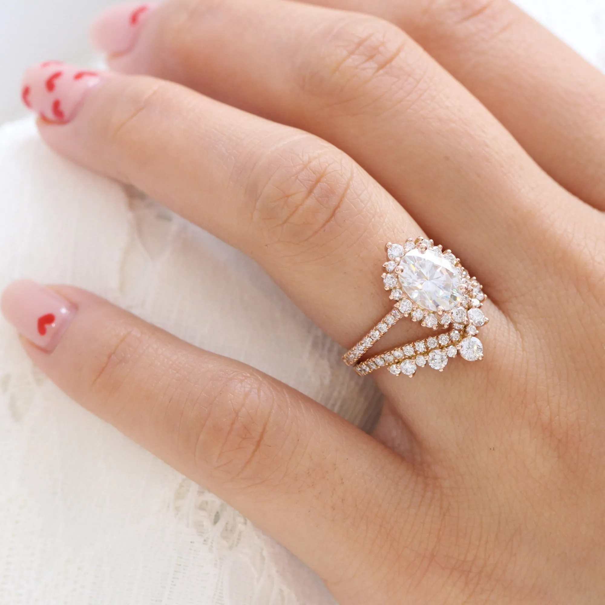 Large Tiara Halo Pave Ring Set w/ Oval Moissanite and Large Tiara Diamond V Band