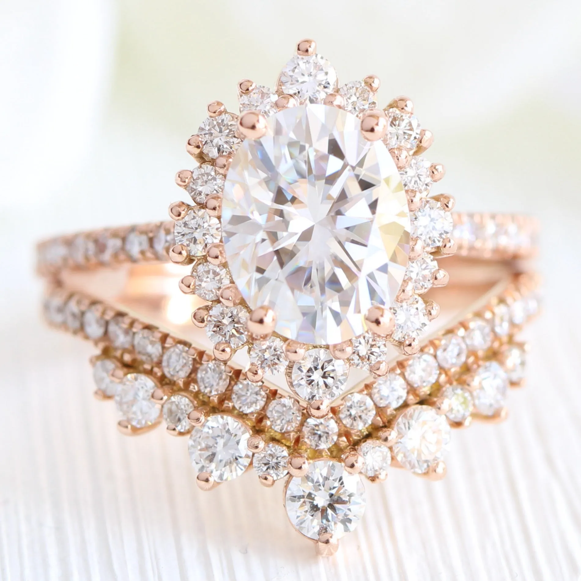 Large Tiara Halo Pave Ring Set w/ Oval Moissanite and Large Tiara Diamond V Band