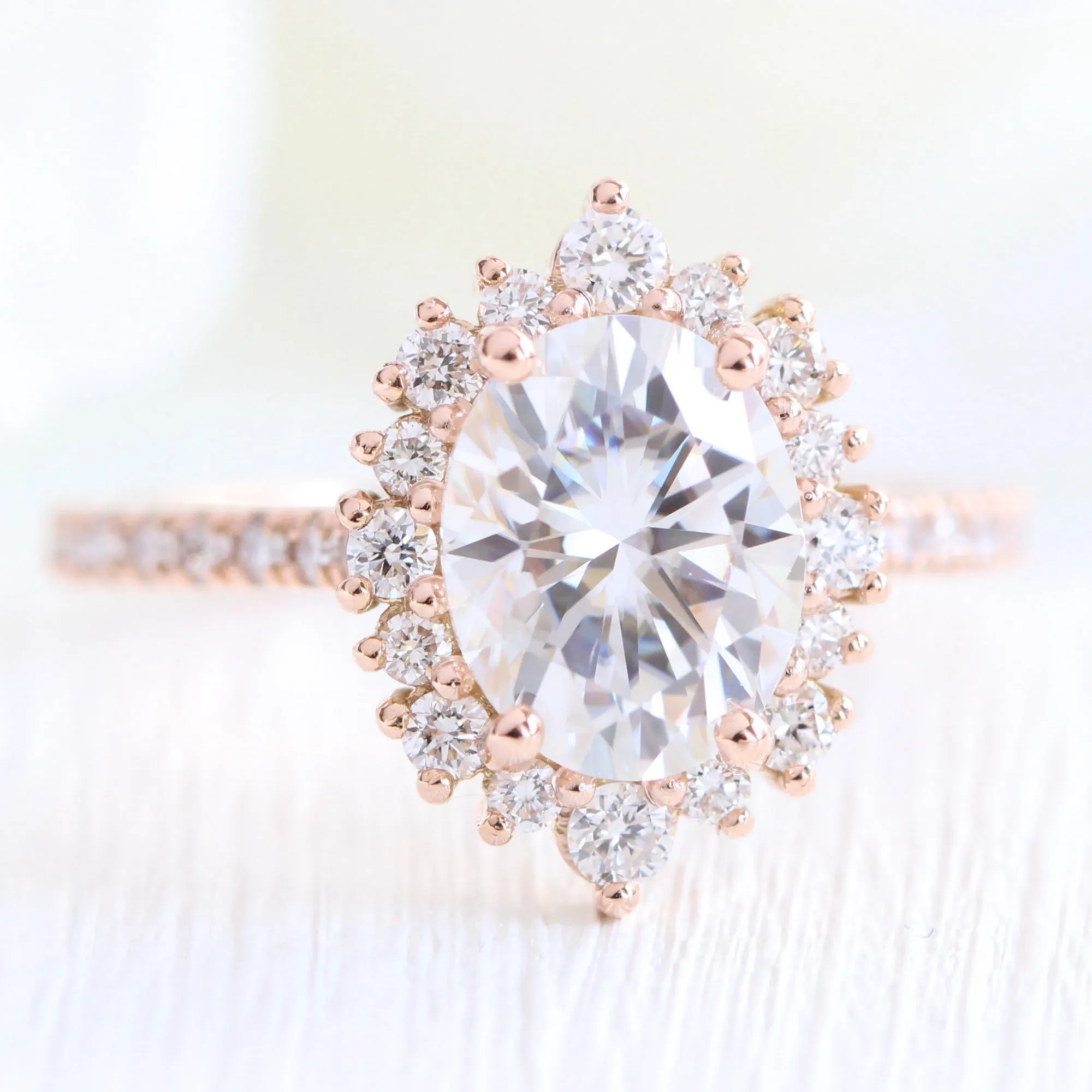 Large Tiara Halo Pave Ring Set w/ Oval Moissanite and Large Tiara Diamond V Band