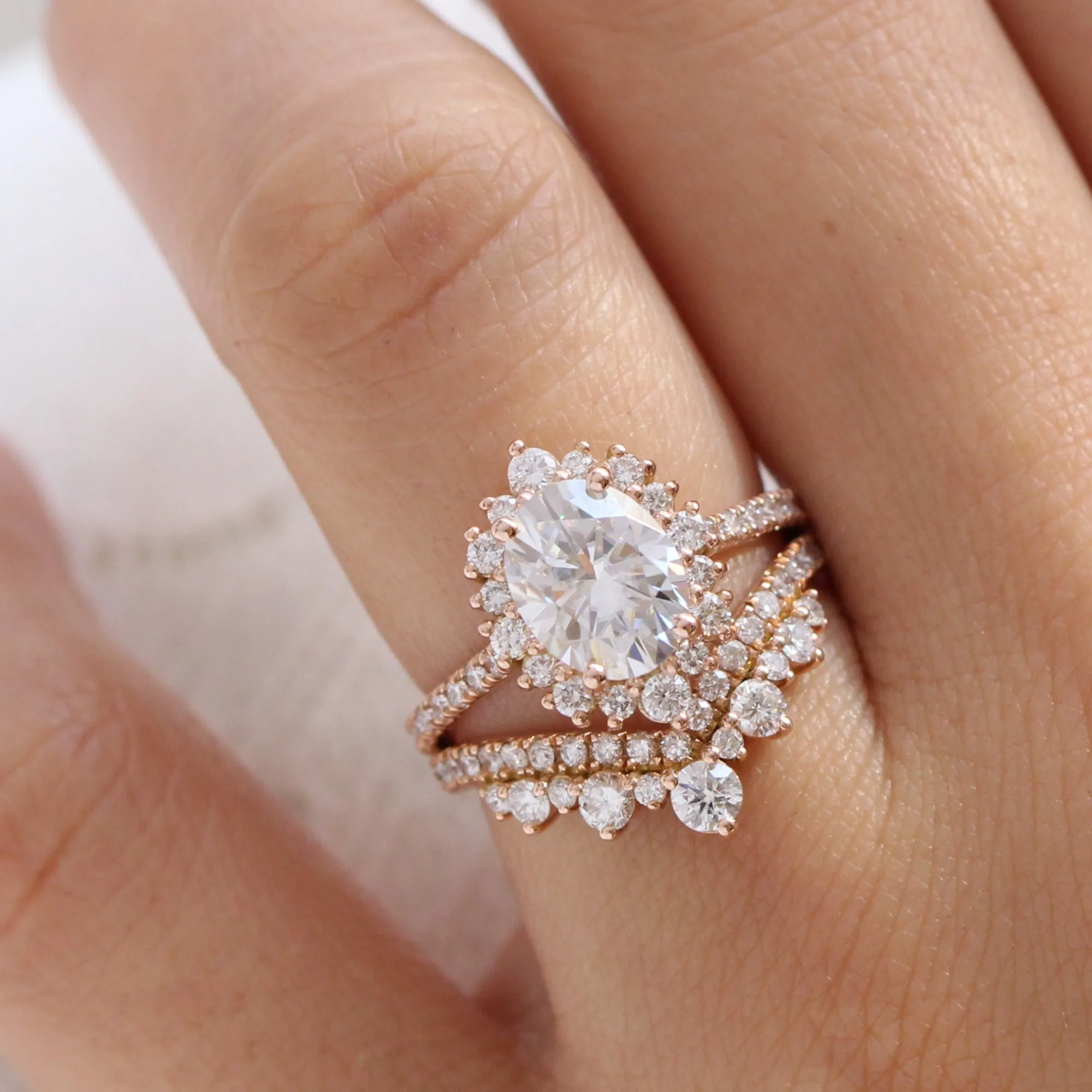 Large Tiara Halo Pave Ring Set w/ Oval Moissanite and Large Tiara Diamond V Band