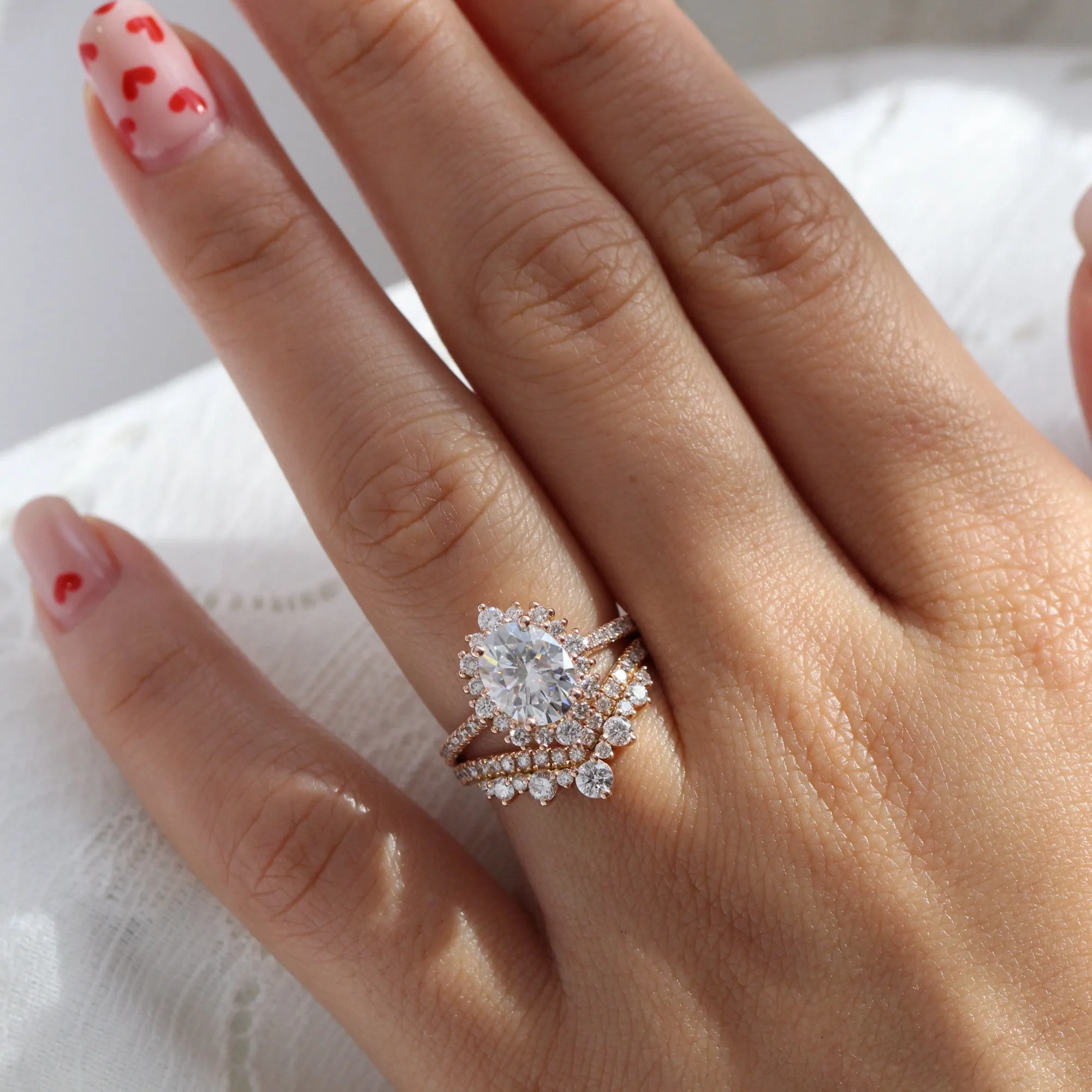 Large Tiara Halo Pave Ring Set w/ Oval Moissanite and Large Tiara Diamond V Band