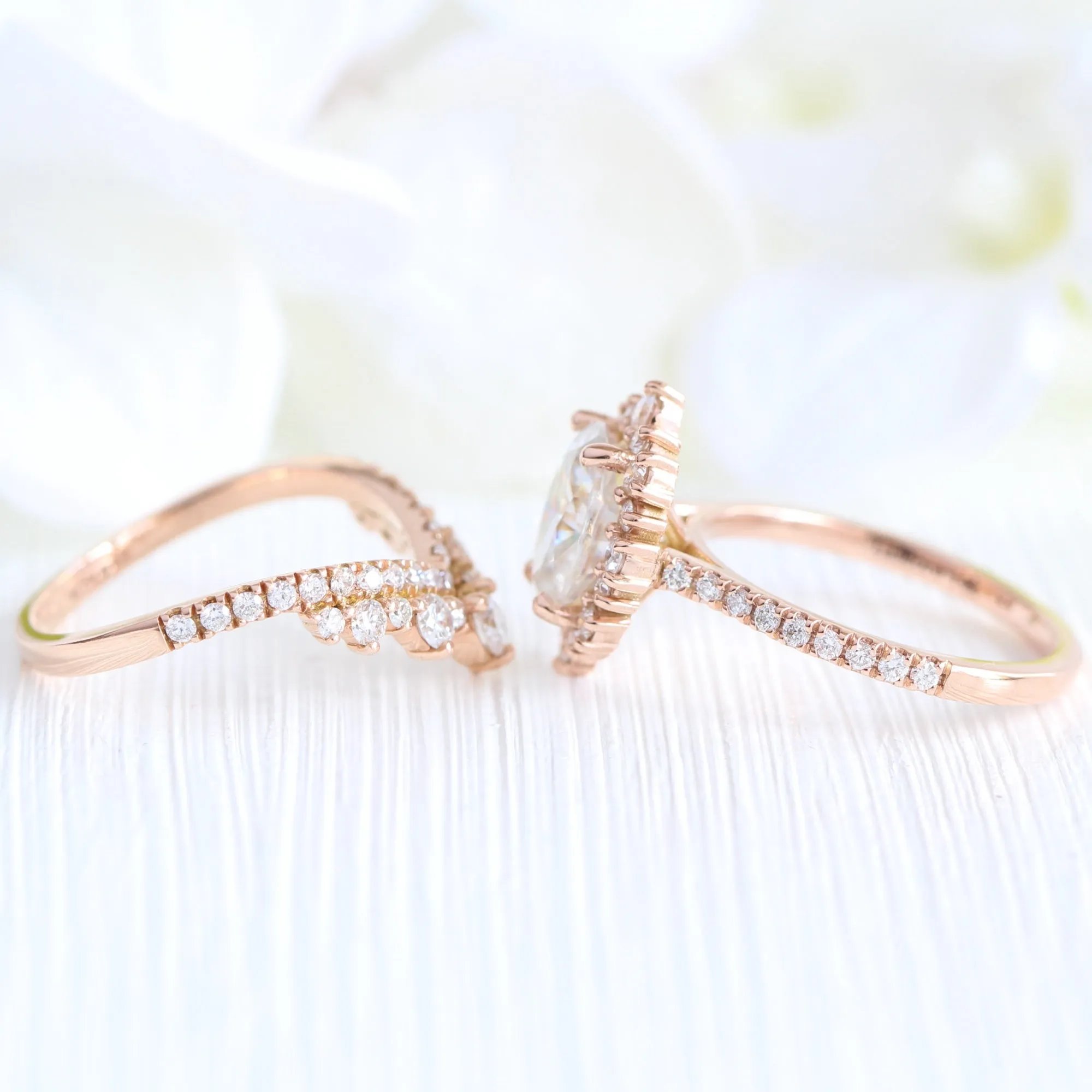 Large Tiara Halo Pave Ring Set w/ Oval Moissanite and Large Tiara Diamond V Band