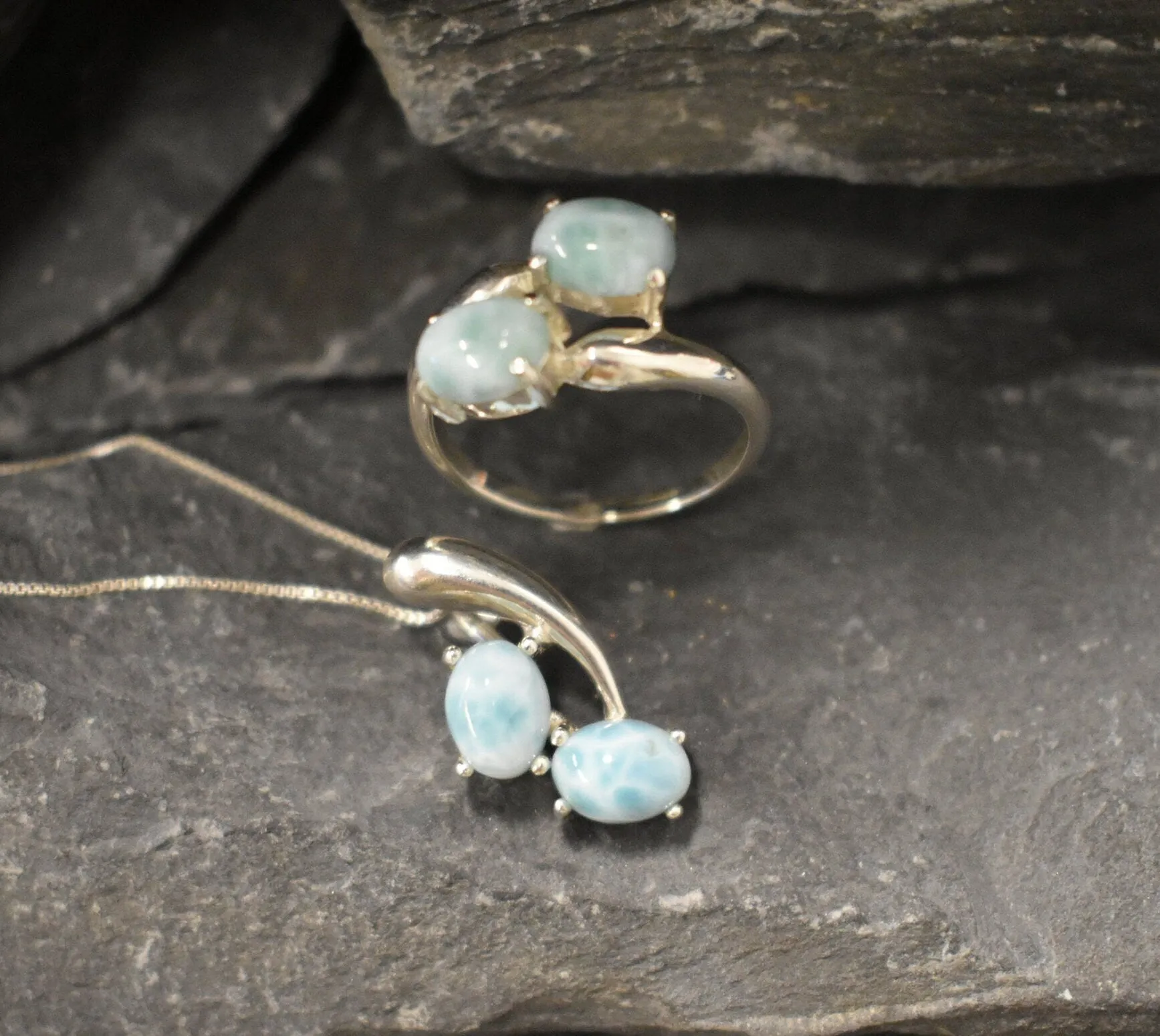 Larimar Ring - Two Stone Ring - Blue Vintage Ring