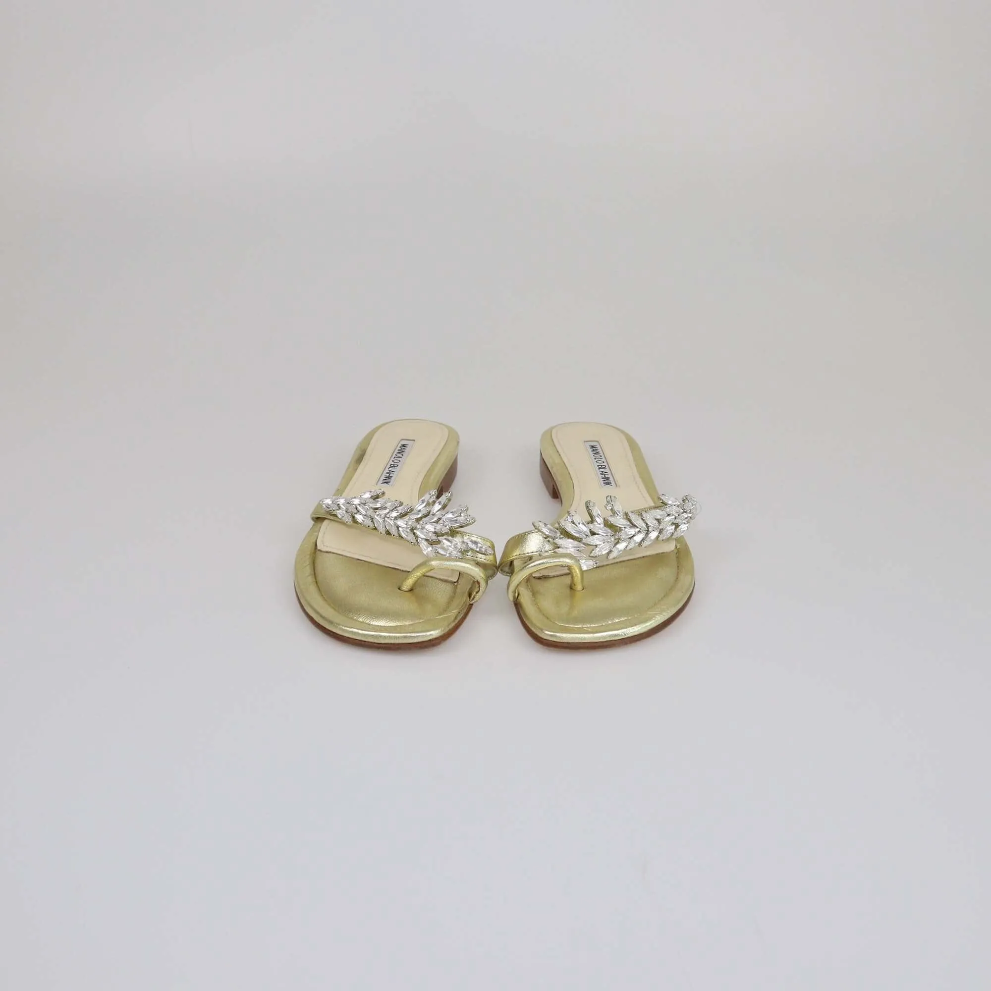 Manolo Blahnik Gold Crystal Embellished Toe Ring Flat Slides