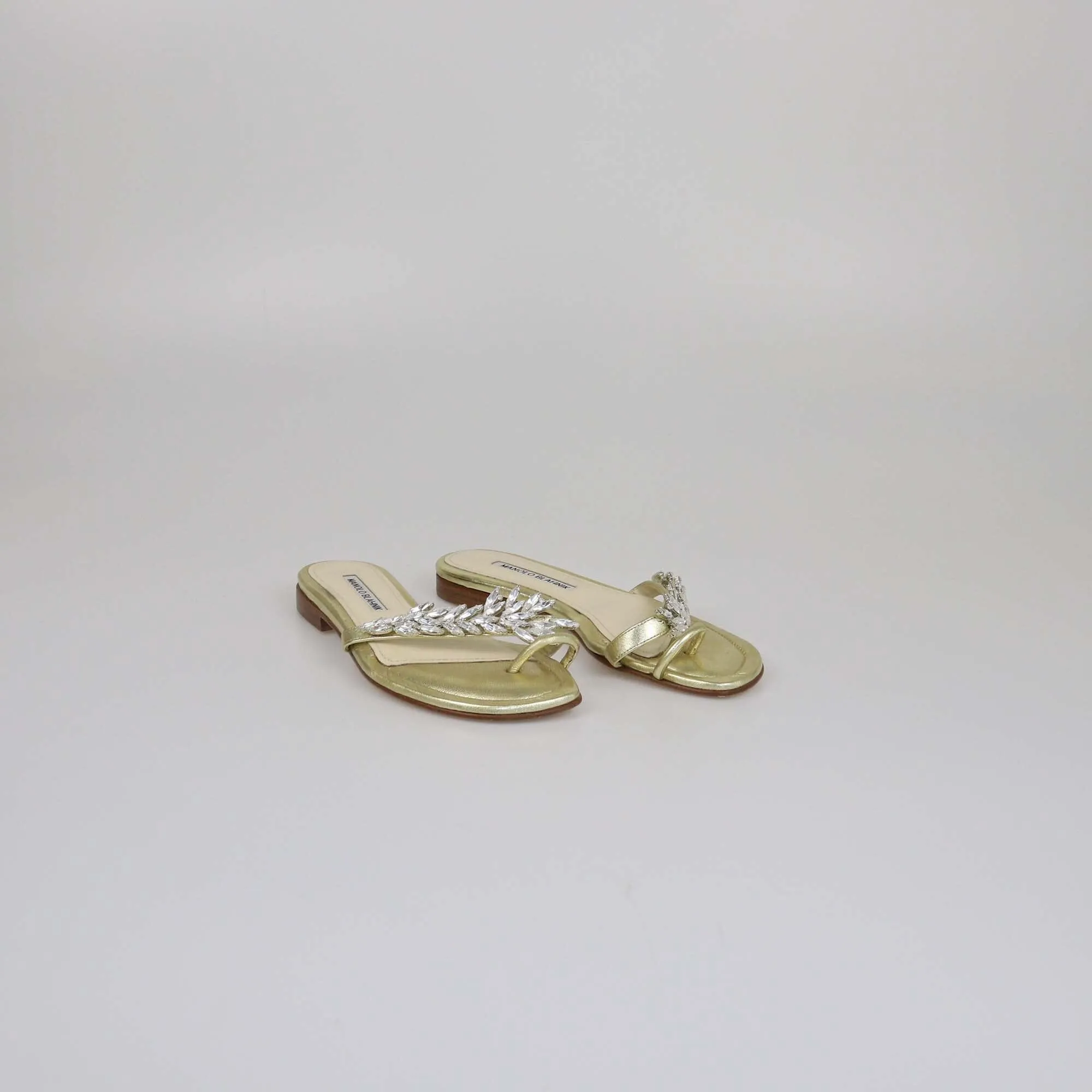 Manolo Blahnik Gold Crystal Embellished Toe Ring Flat Slides