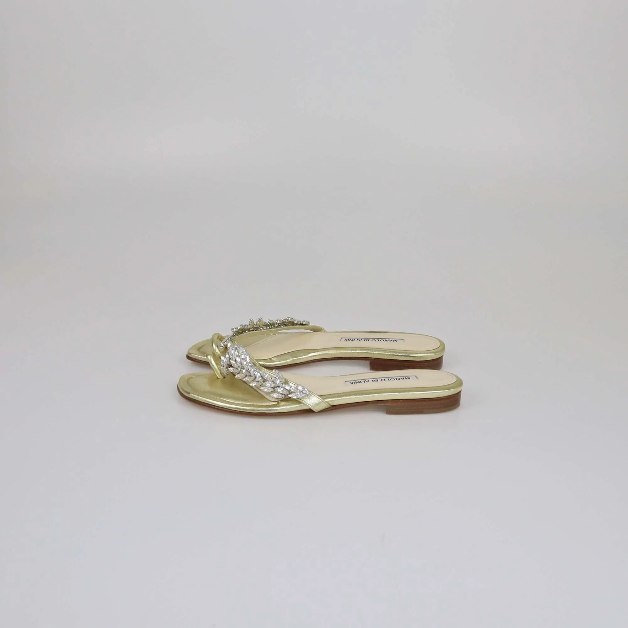 Manolo Blahnik Gold Crystal Embellished Toe Ring Flat Slides