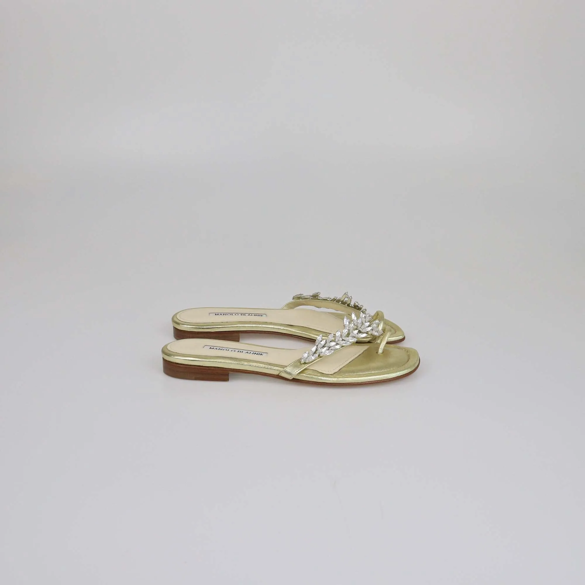 Manolo Blahnik Gold Crystal Embellished Toe Ring Flat Slides