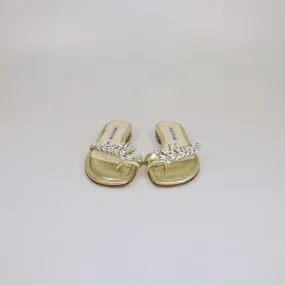 Manolo Blahnik Gold Crystal Embellished Toe Ring Flat Slides
