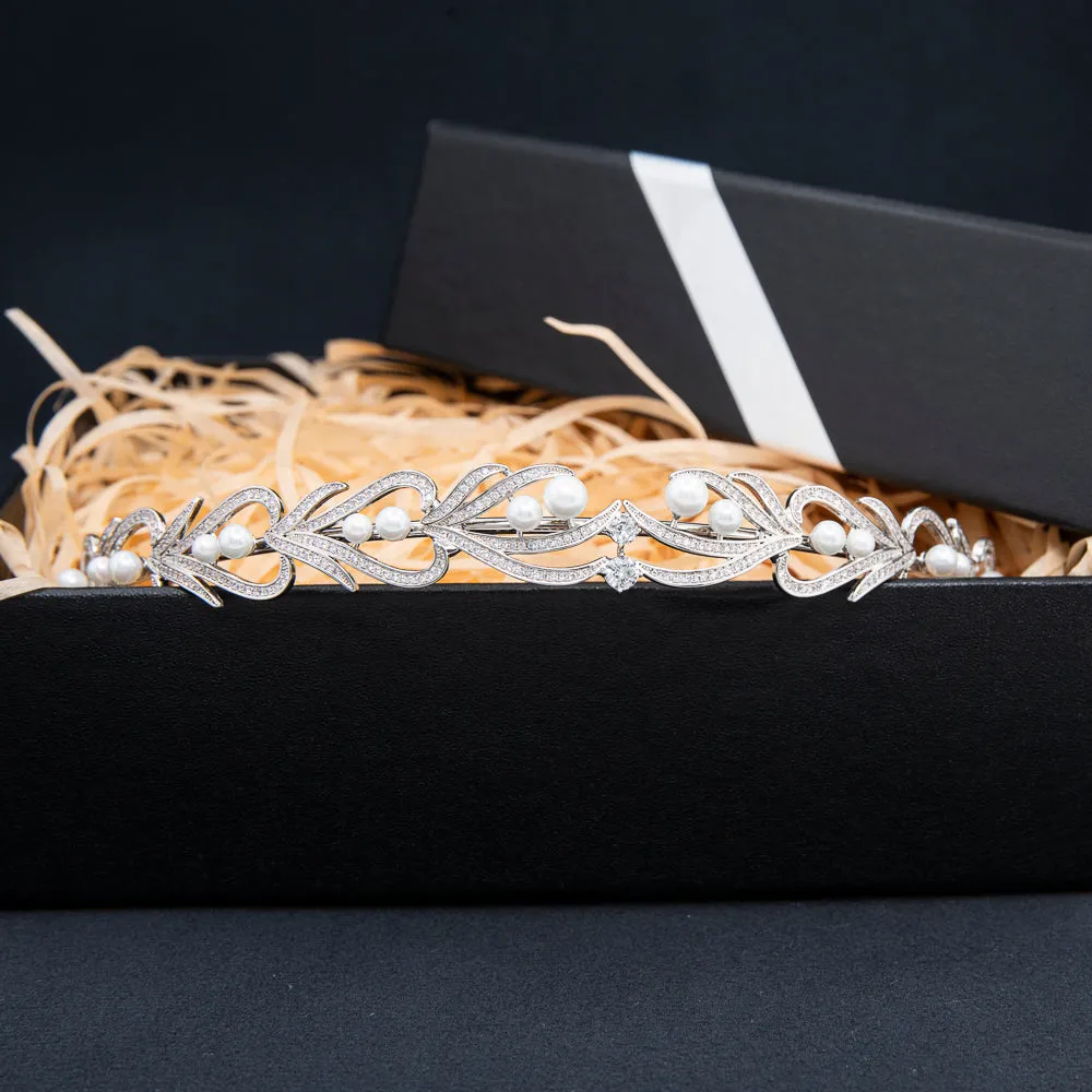Pearls Cubic Zirconia Leaves Headband,Tiara for Wedding, Head Accessories for Girl CH10399