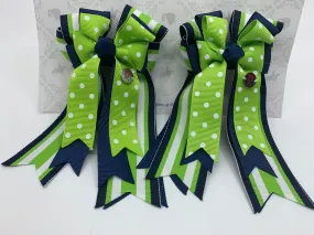 PonyTail Bows- Green Polka Dots/Navy