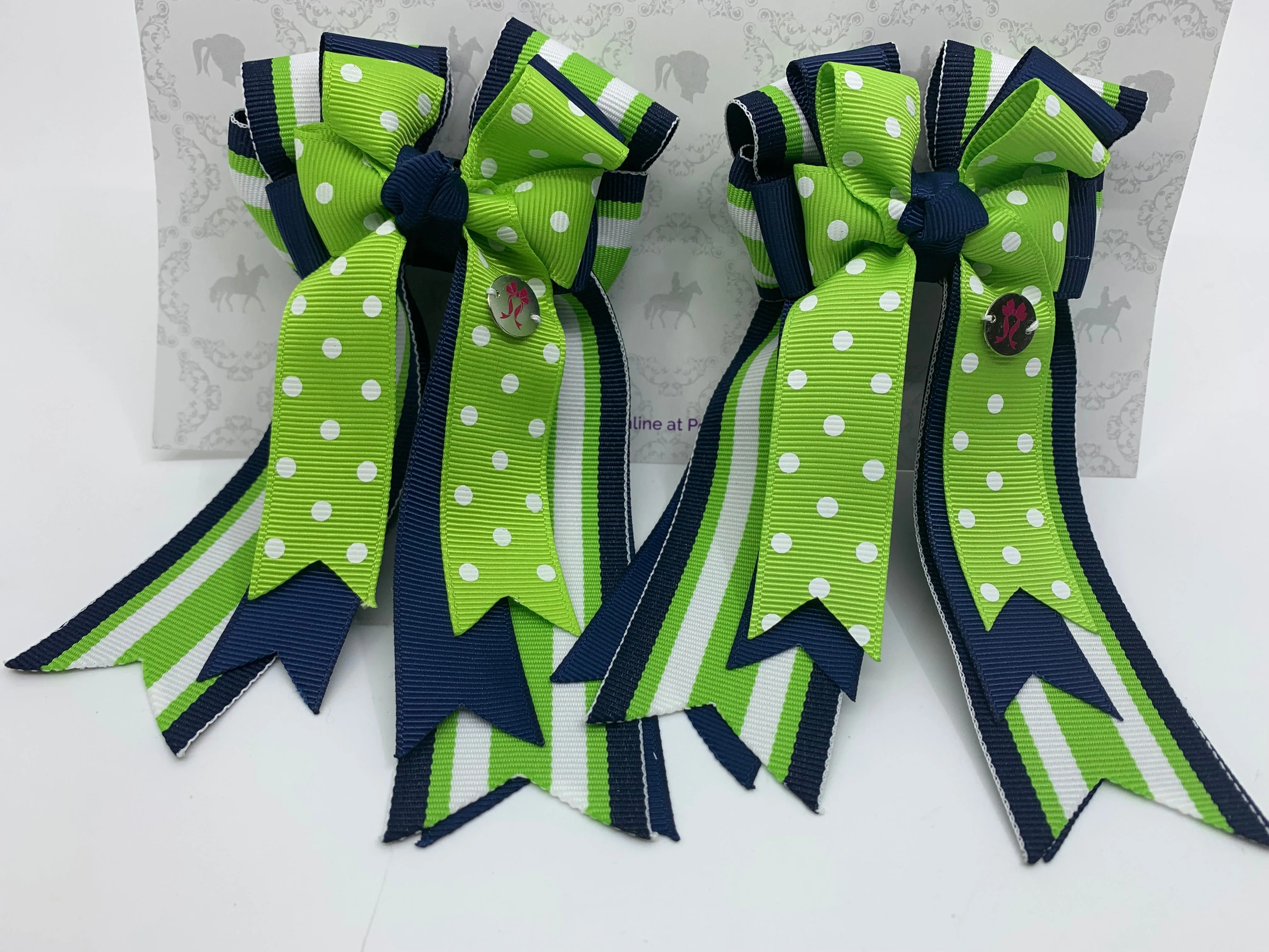 PonyTail Bows- Green Polka Dots/Navy