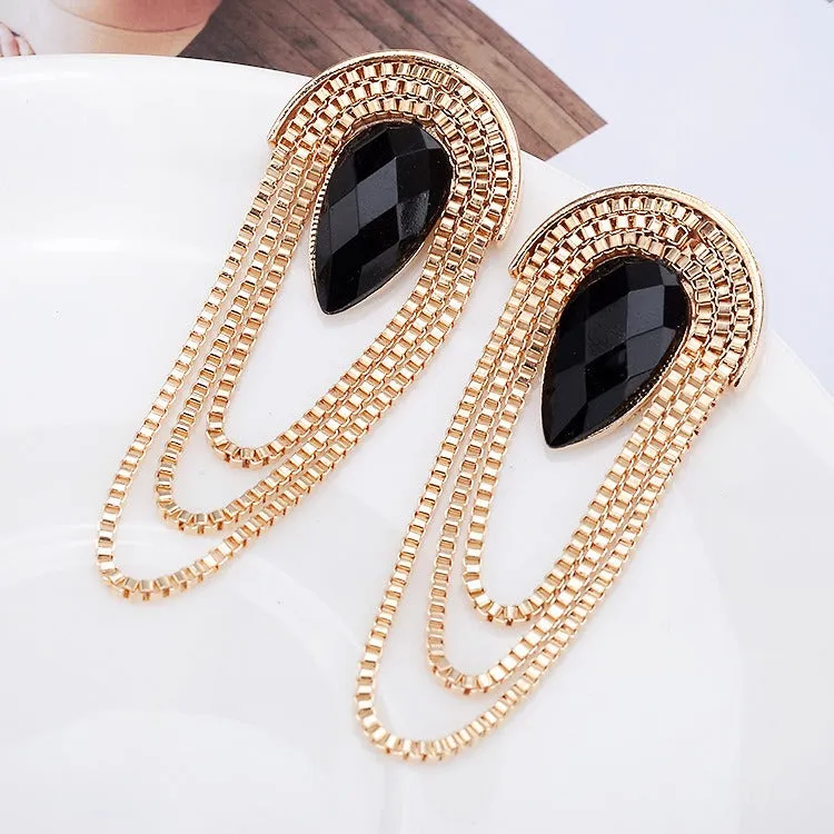 Pre Order:  Black Water Drop Metal Tassel Exaggerated Earrings
