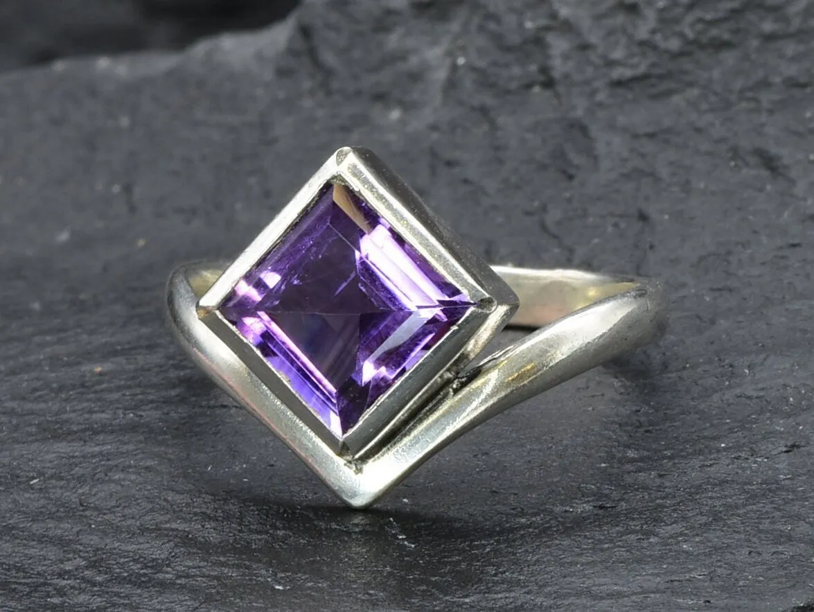 Purple Amethyst Ring - Natural Amethyst Ring, Princess Cut Silver Ring