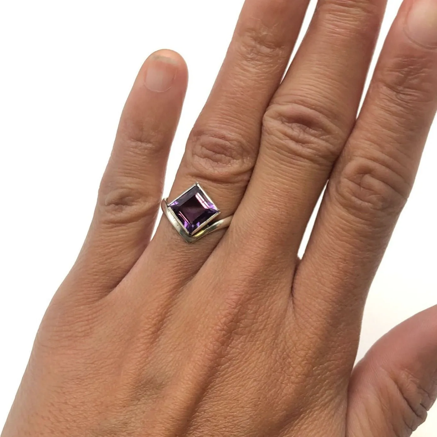 Purple Amethyst Ring - Natural Amethyst Ring, Princess Cut Silver Ring