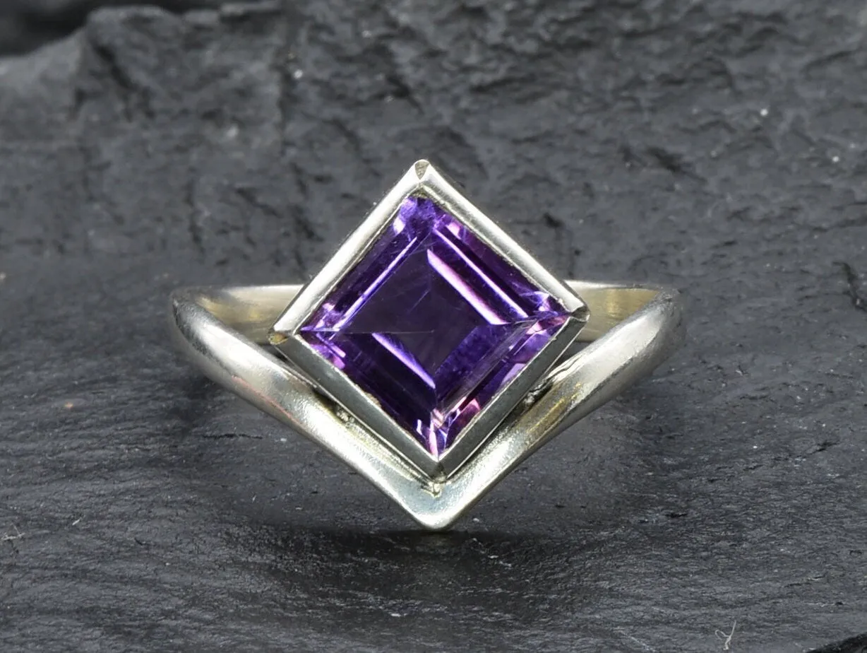 Purple Amethyst Ring - Natural Amethyst Ring, Princess Cut Silver Ring