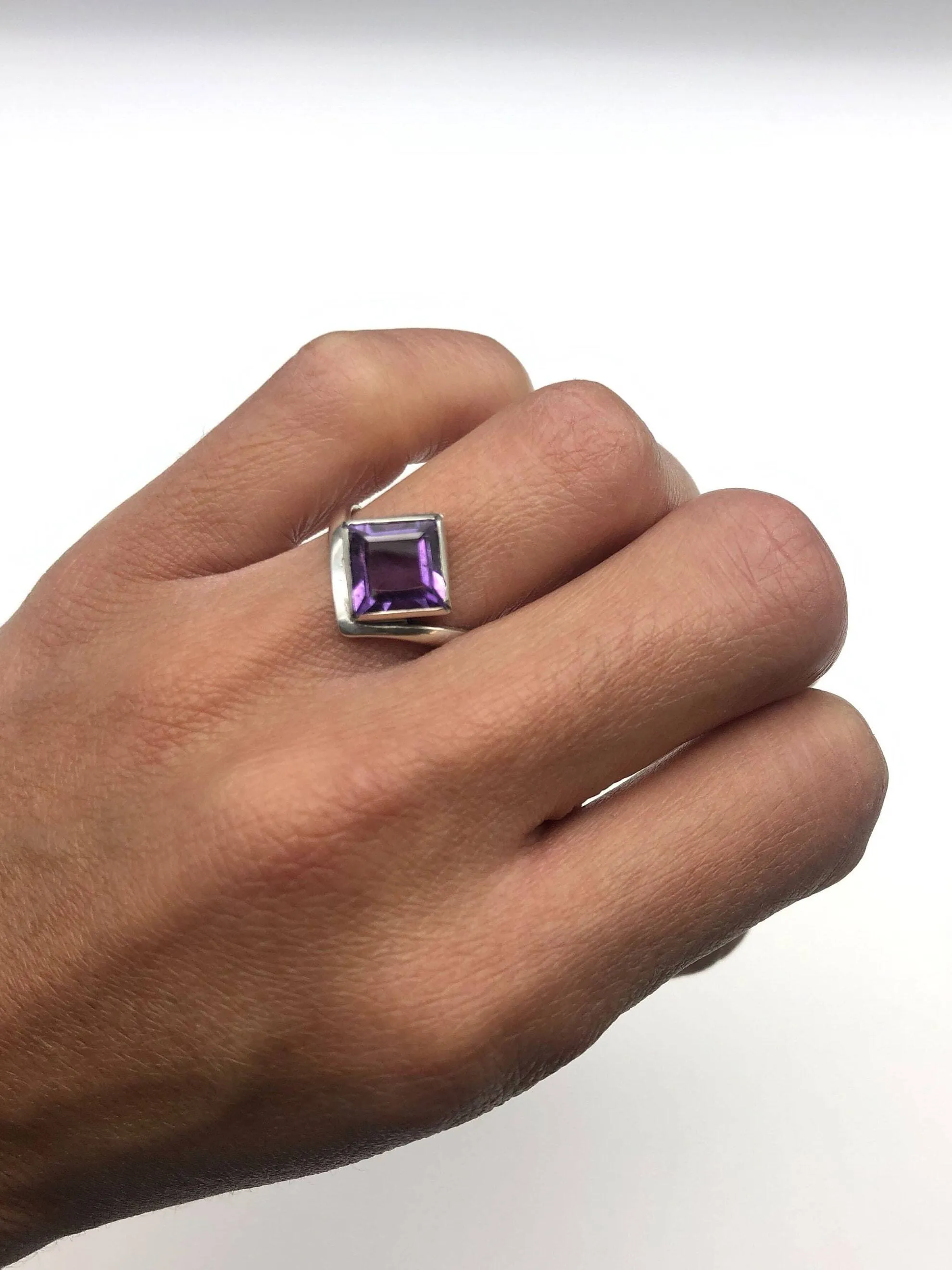 Purple Amethyst Ring - Natural Amethyst Ring, Princess Cut Silver Ring