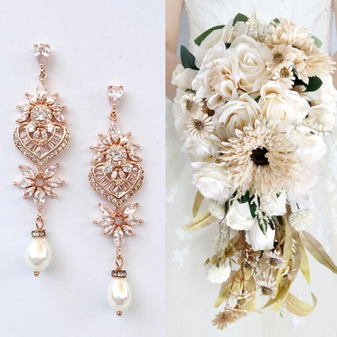"Eudora" - Art Deco Pearl and CZ Bridal Earrings - Available in Silver, Rose Gold and Yellow Gold