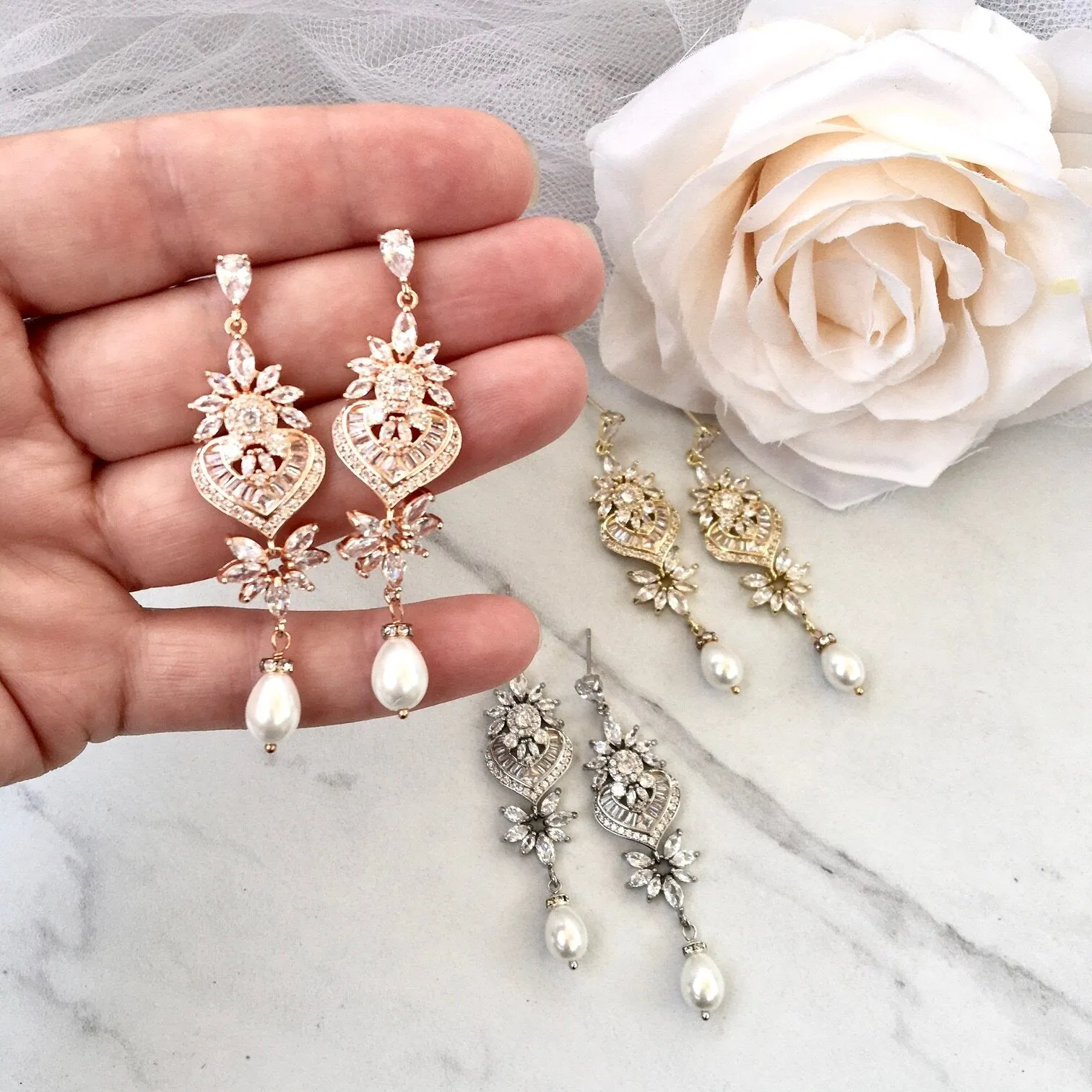 "Eudora" - Art Deco Pearl and CZ Bridal Earrings - Available in Silver, Rose Gold and Yellow Gold