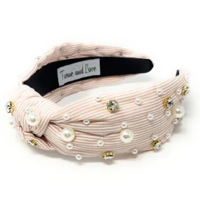 Rose Beige Stripe Knot Jeweled Headband
