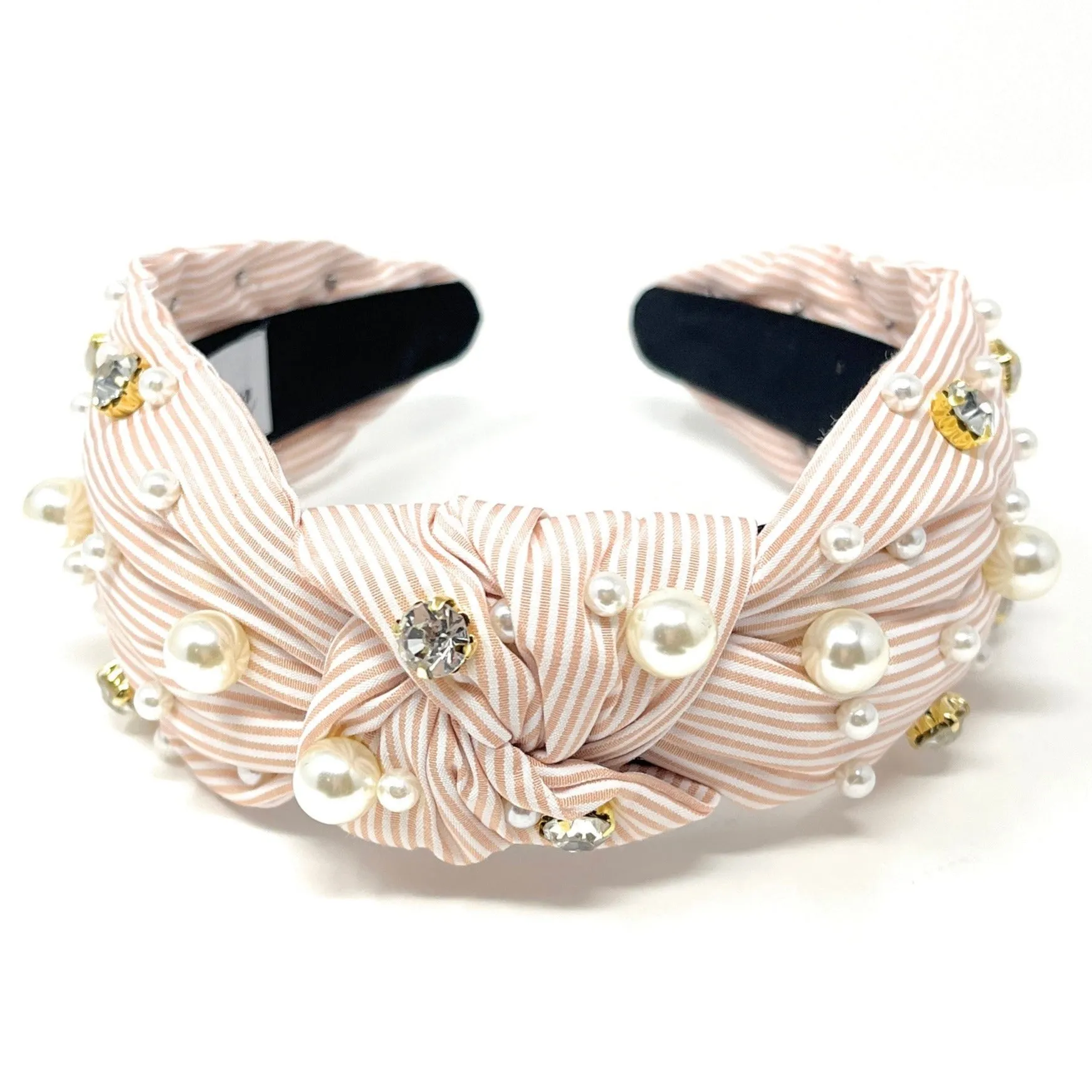 Rose Beige Stripe Knot Jeweled Headband
