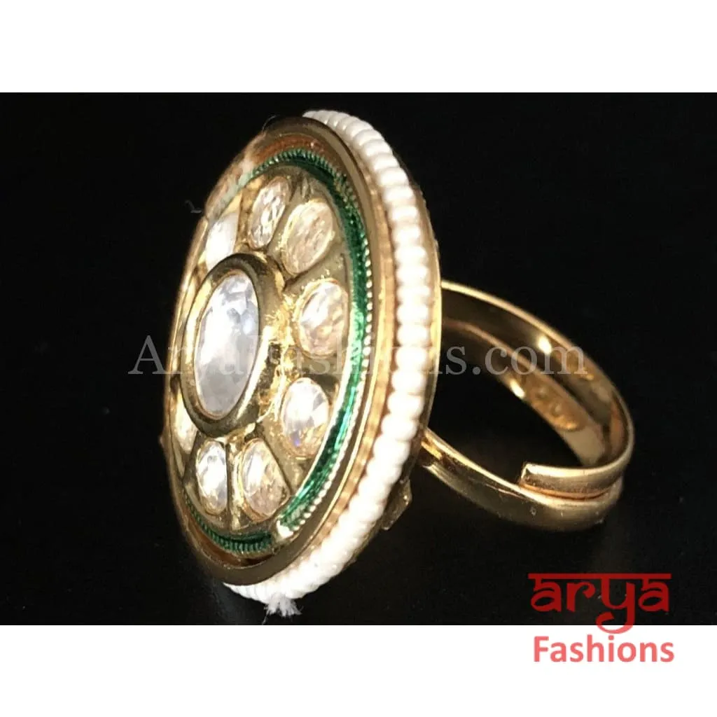 Ruby Pearl Green Meenakari Round Golden Kundan Ring