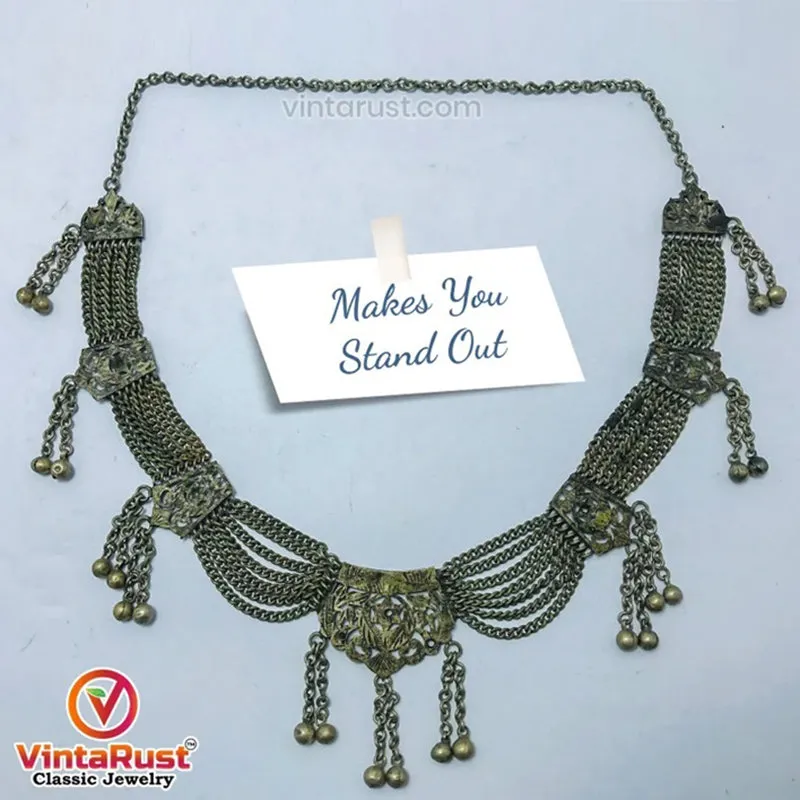 Rustic Silver Kuchi Vintage Necklace With Bells