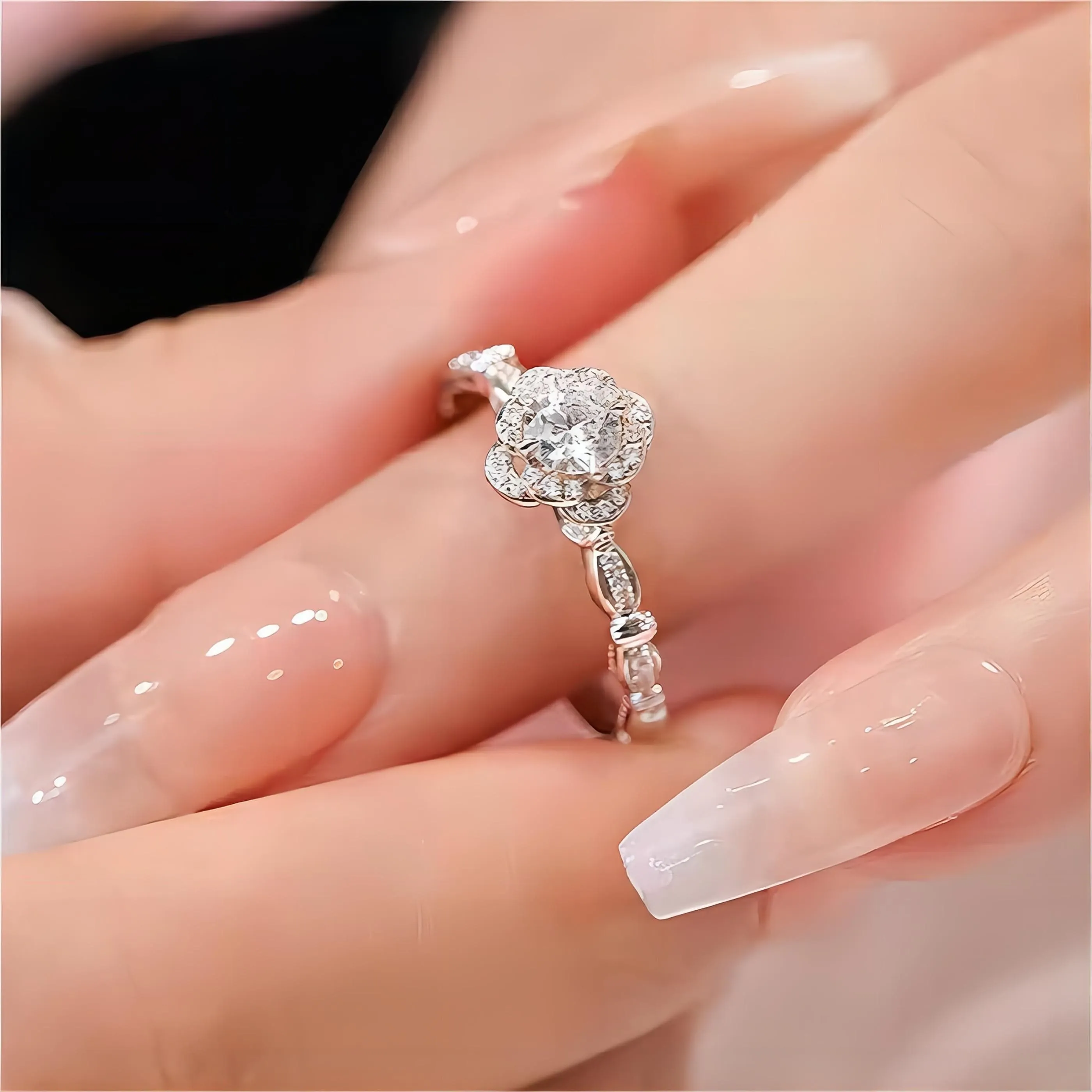 Silver Floral Moissanite Diamond Ring