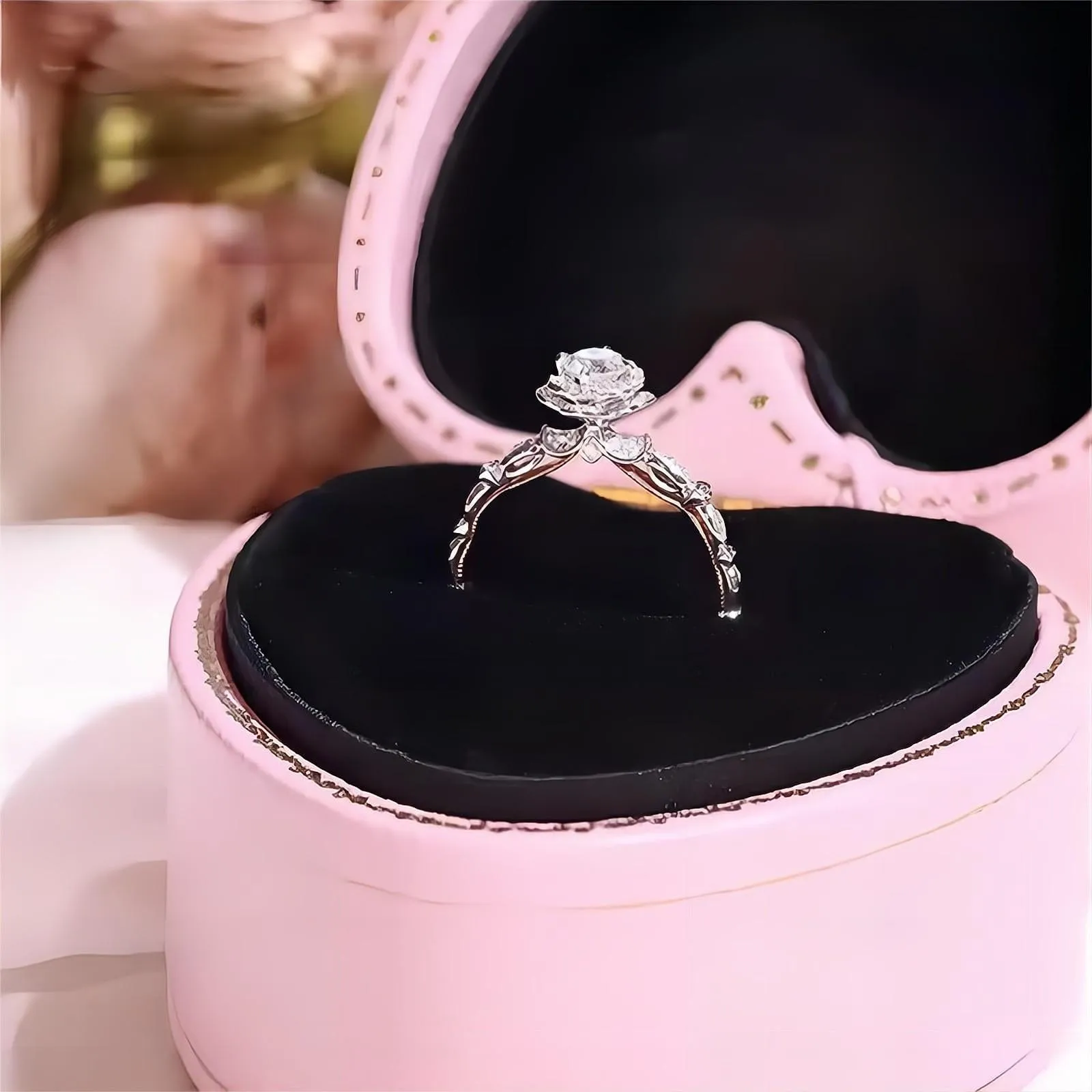 Silver Floral Moissanite Diamond Ring