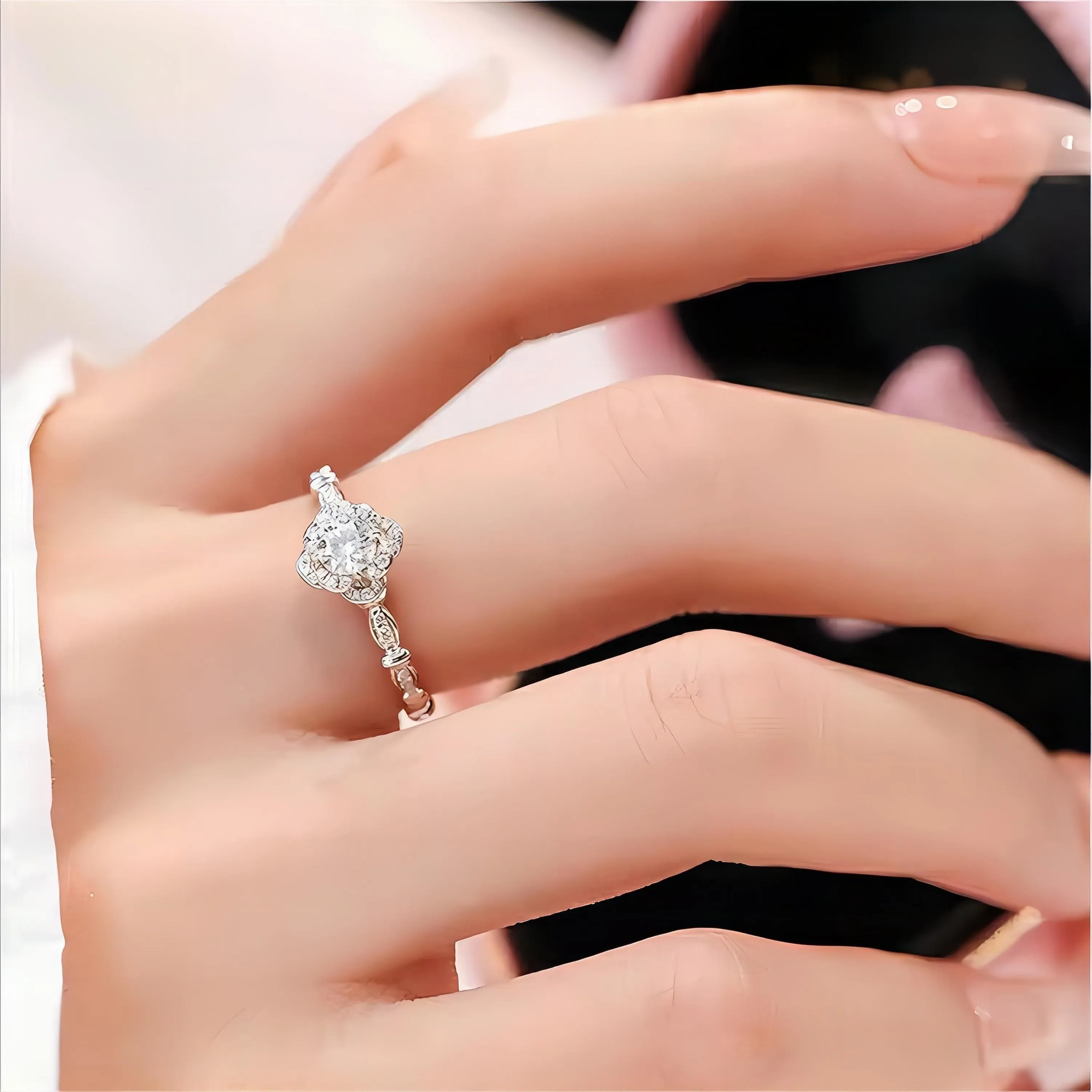 Silver Floral Moissanite Diamond Ring