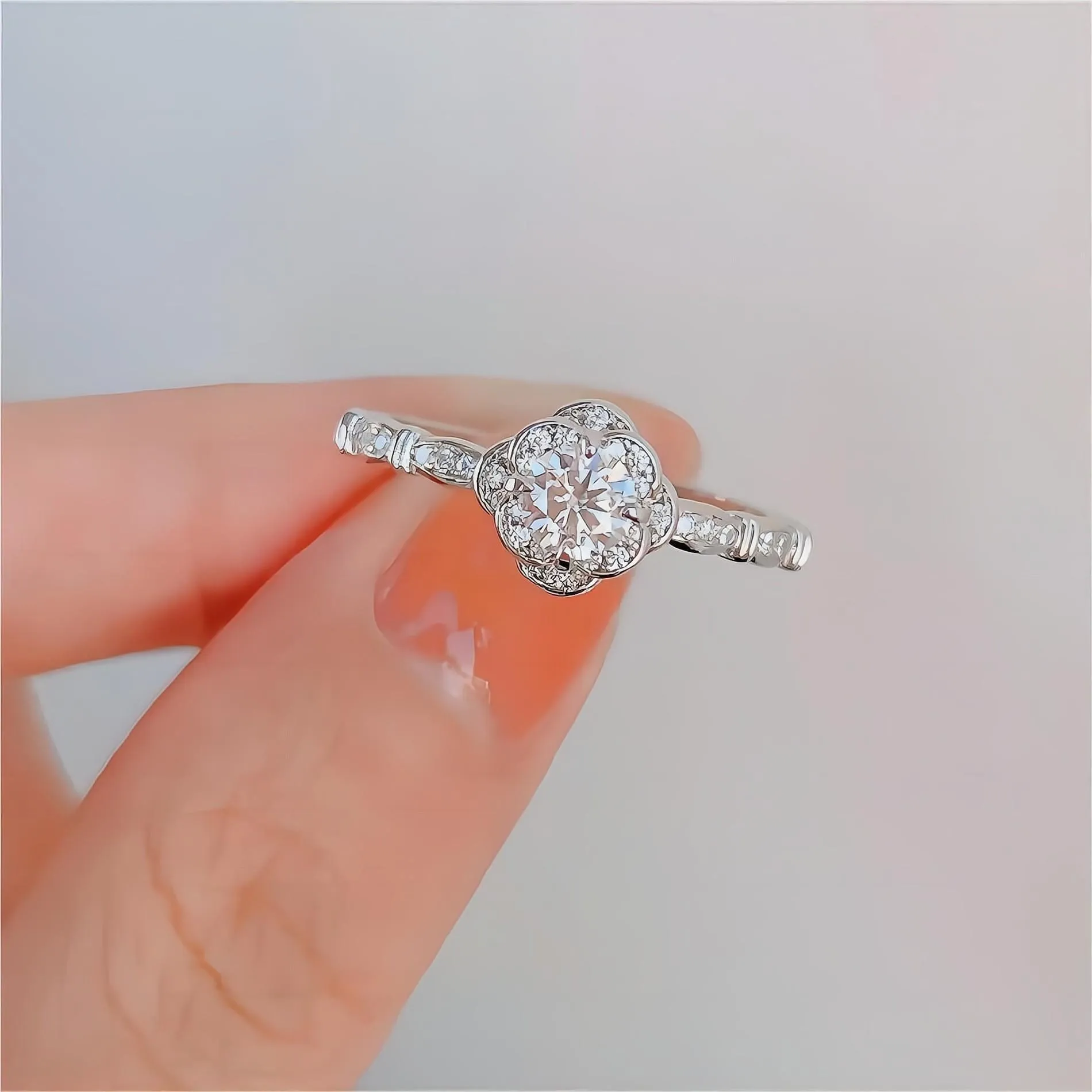 Silver Floral Moissanite Diamond Ring