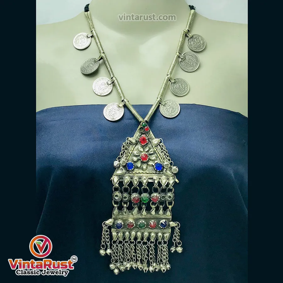 Silver Vintage Long Pendant Necklace with Coins