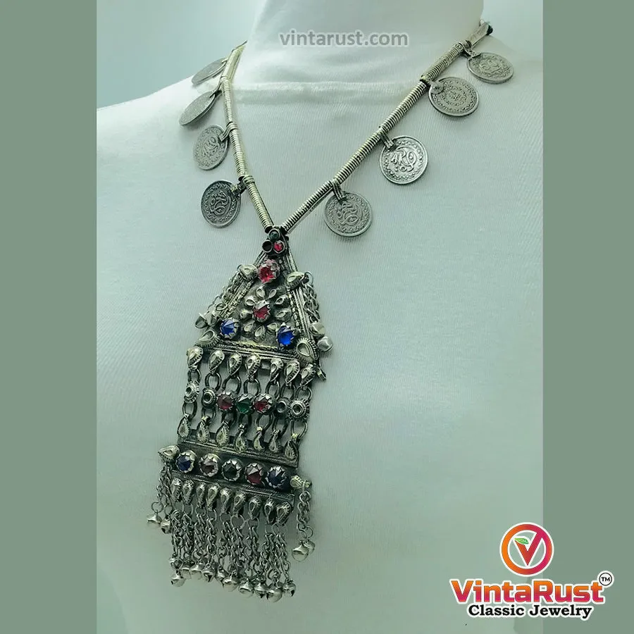 Silver Vintage Long Pendant Necklace with Coins