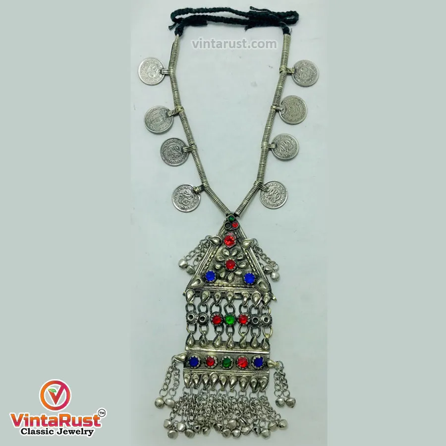 Silver Vintage Long Pendant Necklace with Coins