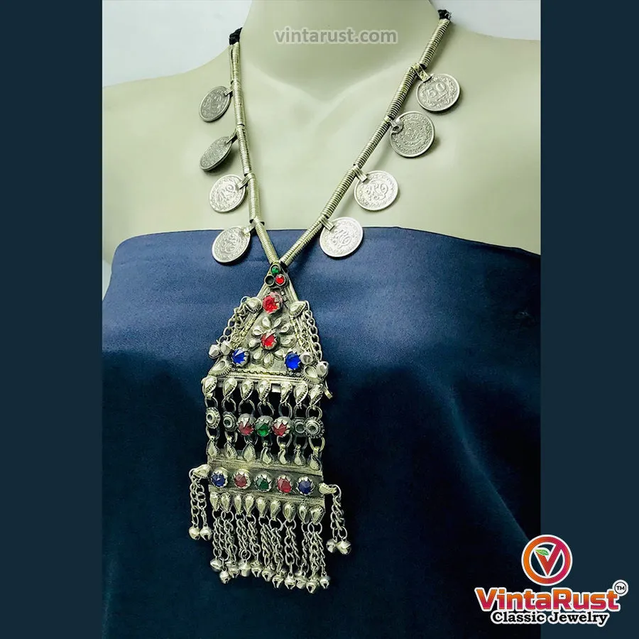 Silver Vintage Long Pendant Necklace with Coins
